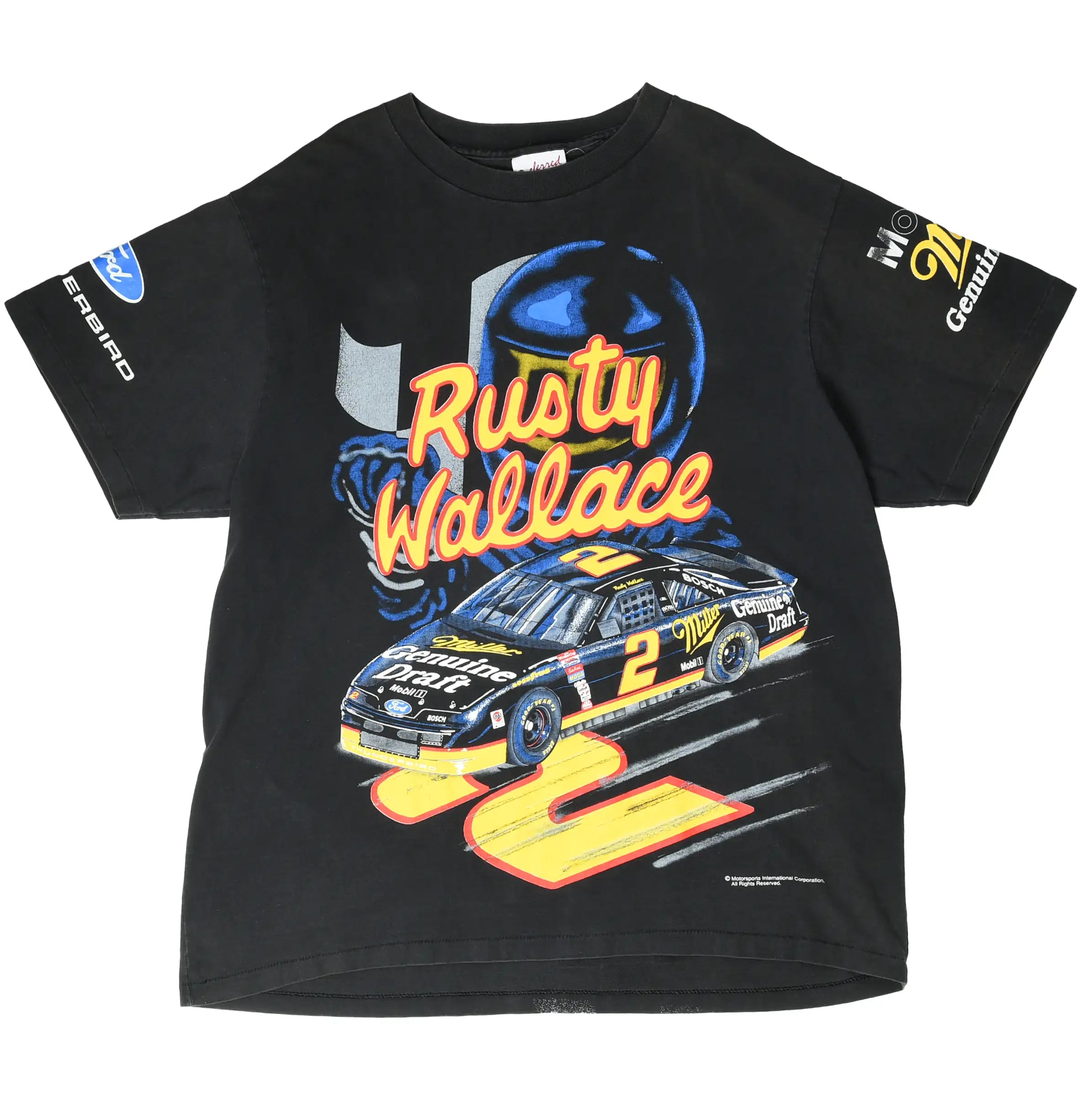 Full front view of black Rusty Wallace T-shirt with Miller No. 2 NASCAR race car print
