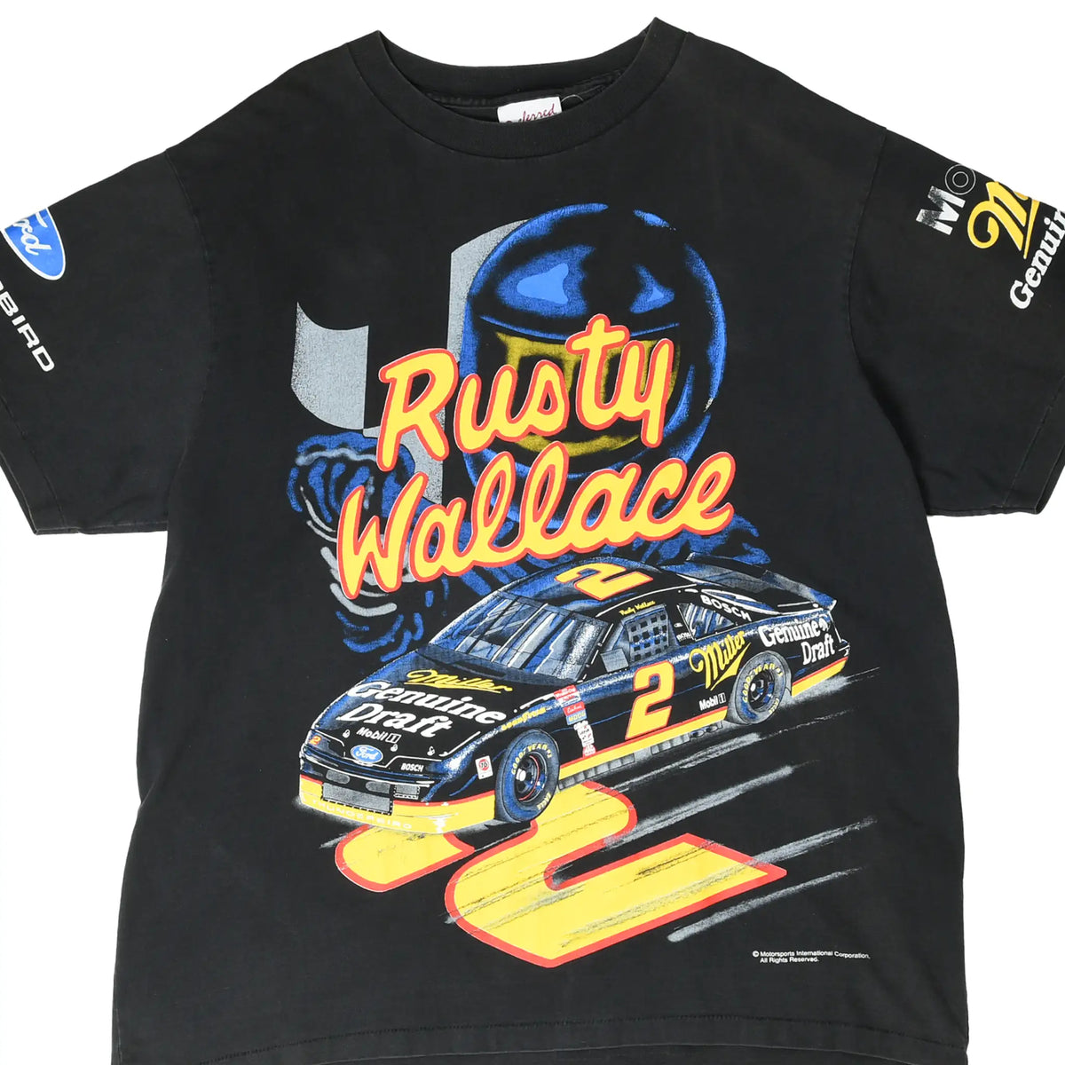 Front of black Rusty Wallace NASCAR T-shirt with Miller Genuine Draft No. 2 race car graphic