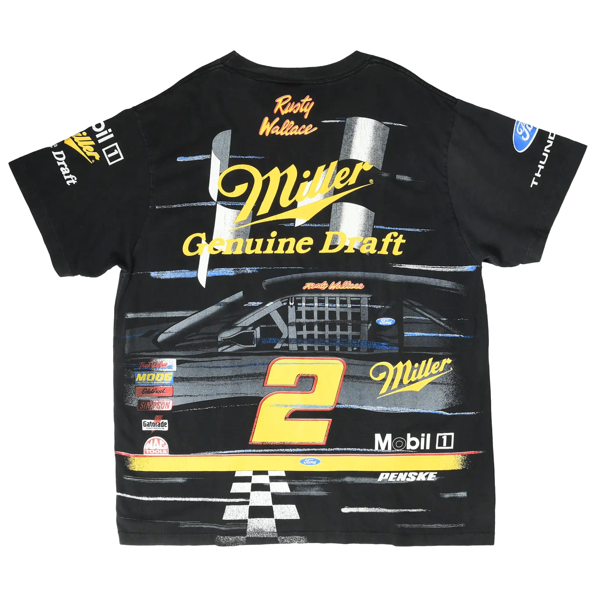 Back of black Rusty Wallace T-shirt with Miller Genuine Draft No. 2 race car graphic
