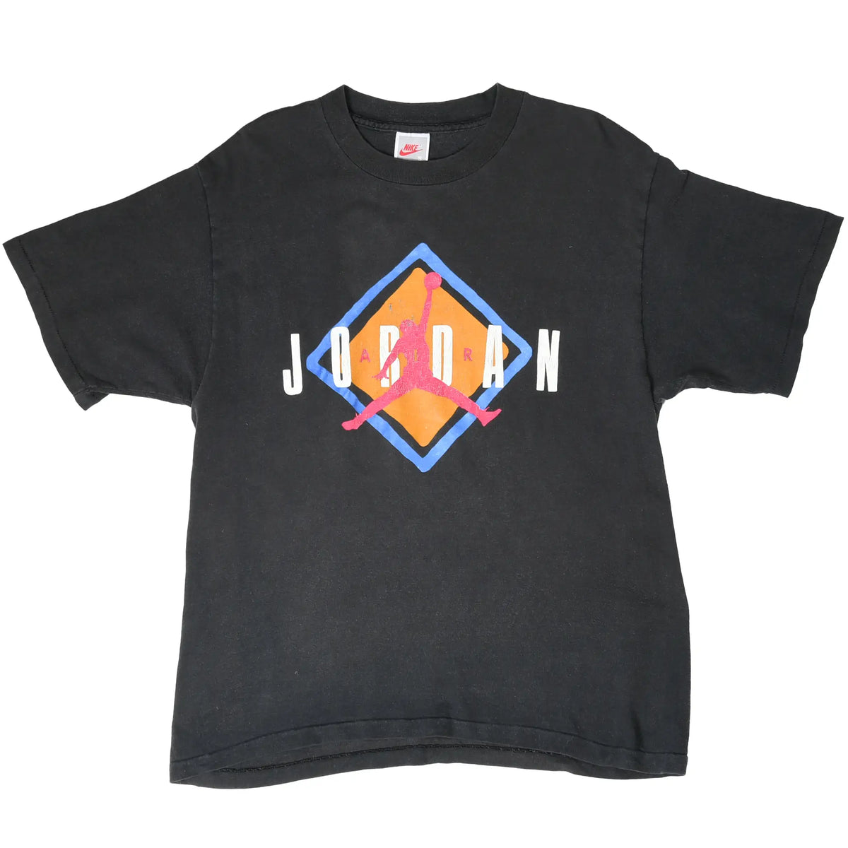 Full front of black Nike T-shirt with colorful Jordan Jumpman diamond graphic