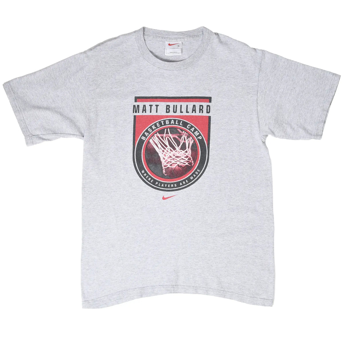 Full front of grey Nike Matt Bullard Basketball Camp T-shirt with basketball hoop print