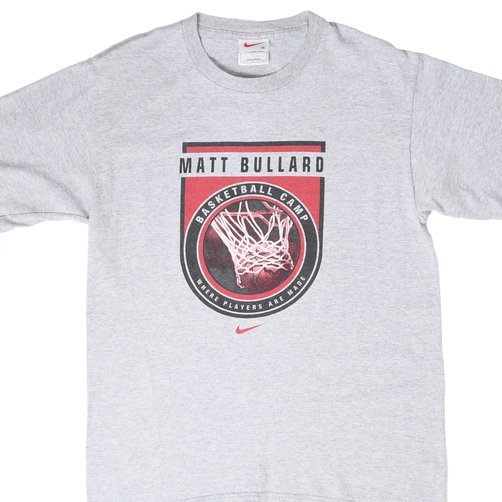 Front view of grey Nike Matt Bullard Basketball Camp T-shirt with red, black and white hoop graphic