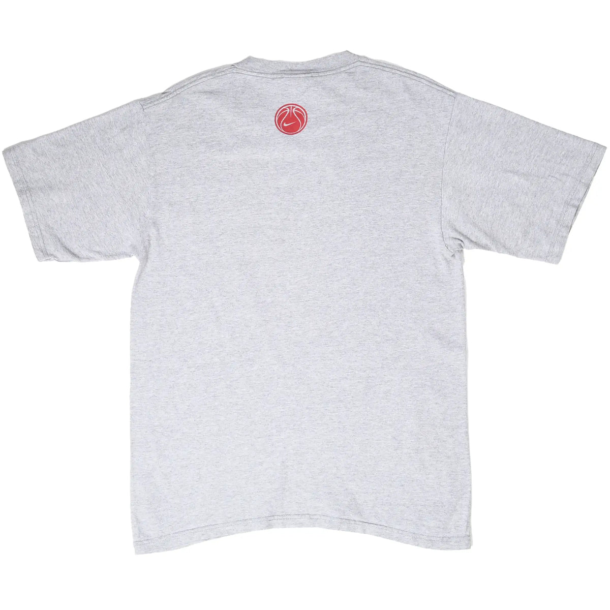 Back of grey Matt Bullard Basketball Camp T-shirt with small red basketball emblem below collar