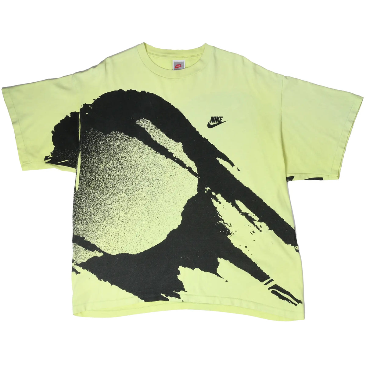 Full front view of neon yellow Nike T-shirt with black tennis graphic and chest logo