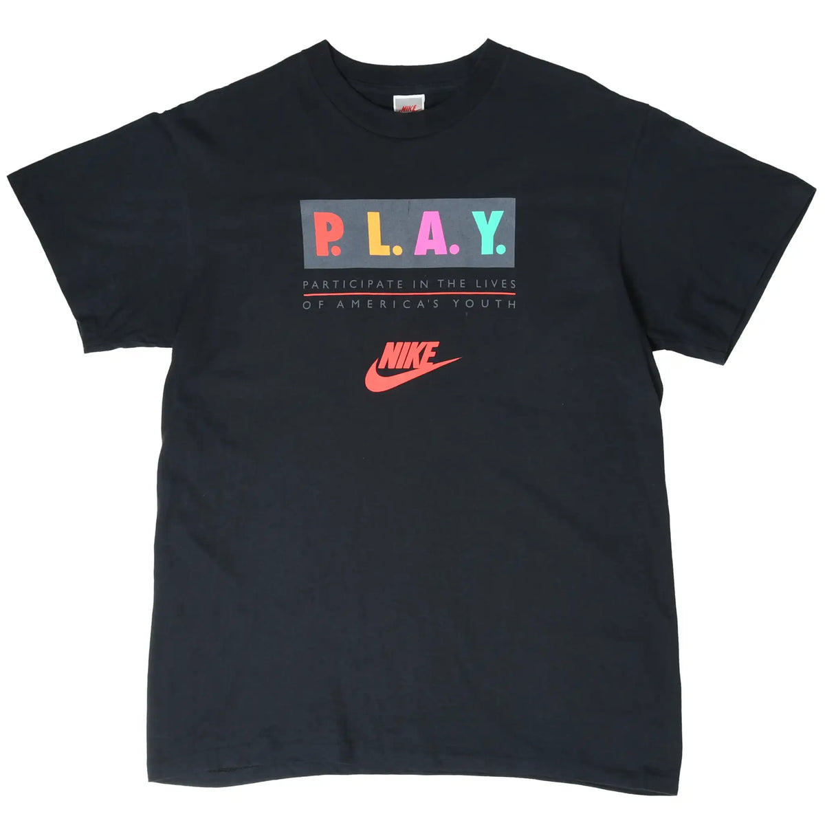 Full front view of black Nike P.L.A.Y. T-shirt with multicolor chest print and red Swoosh logo