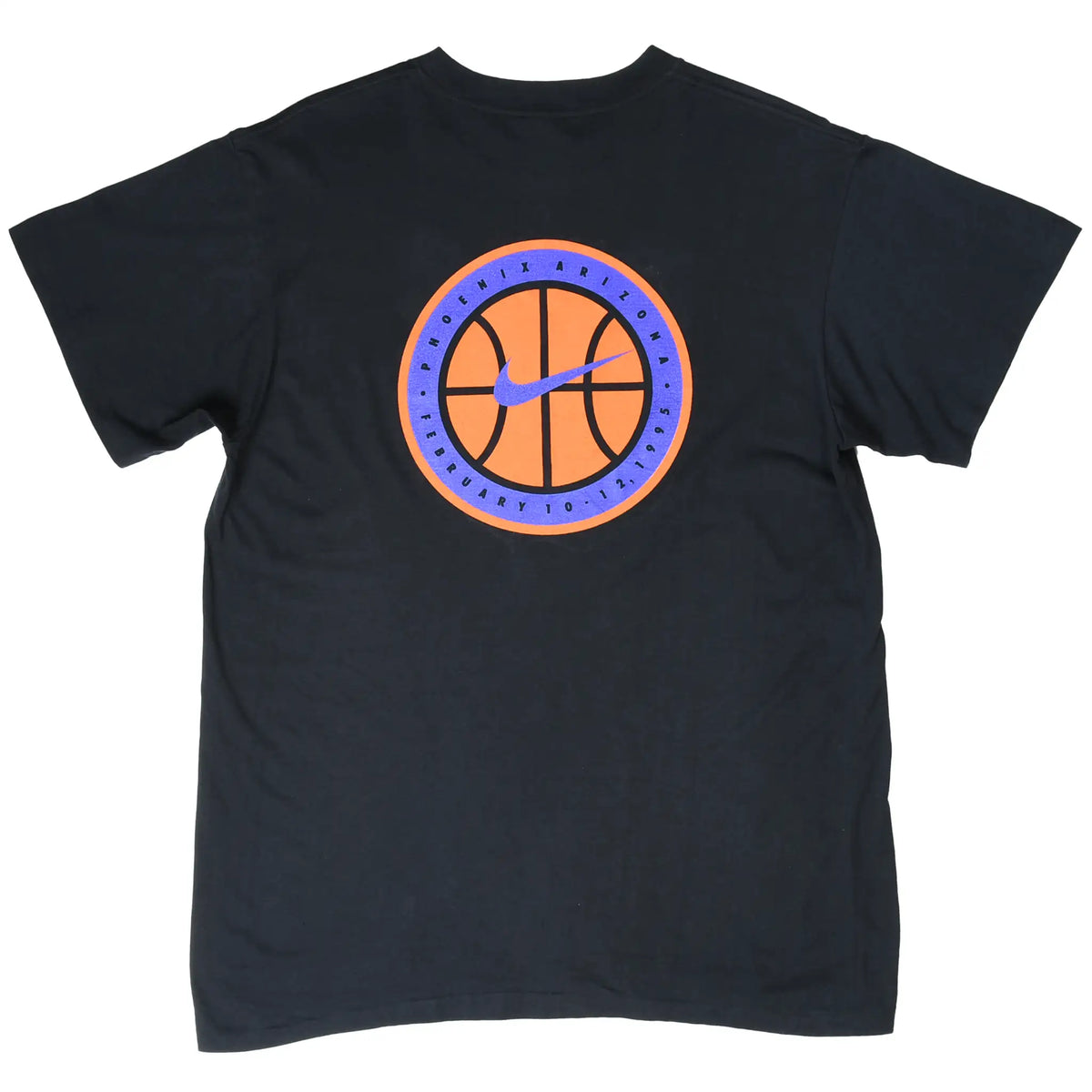 Back of black Nike T-shirt with orange basketball graphic for Phoenix, Arizona, February 10, 1995