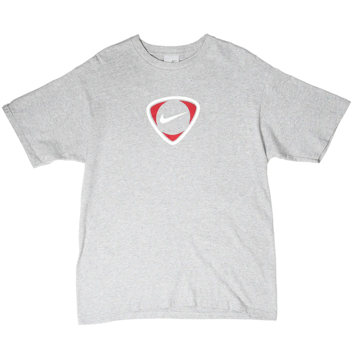 Full front of grey Nike T-shirt with red and white soccer shield logo