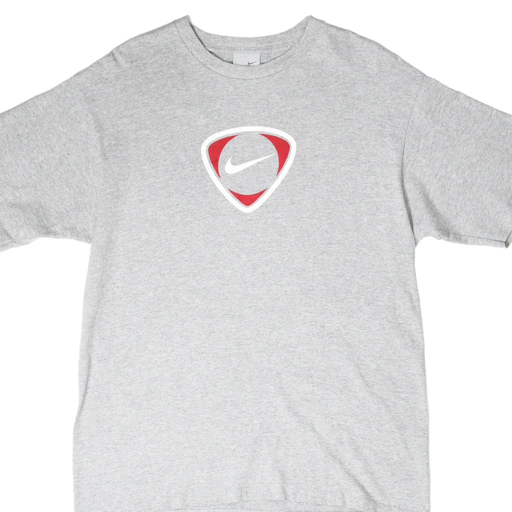 Front of grey Nike T-shirt with red and white soccer shield Swoosh graphic