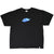 Full front of black Nike T-shirt with blue paint splash and white Swoosh graphic