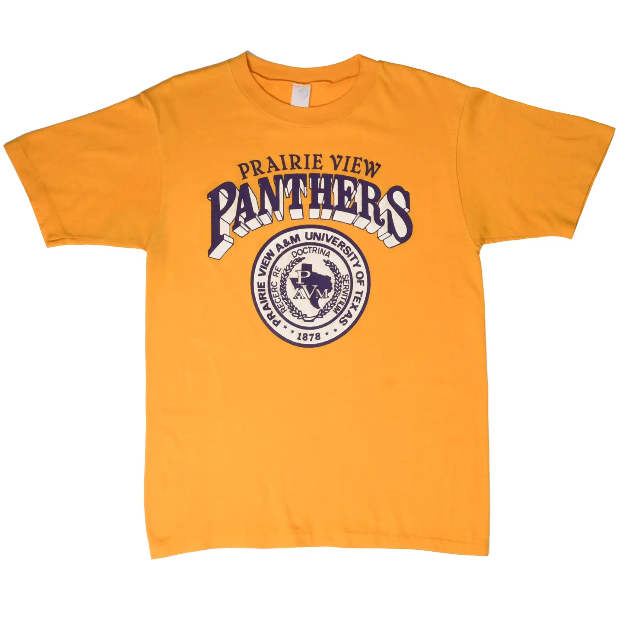 Full front of gold Prairie View A&M Panthers T-shirt with purple and white seal print