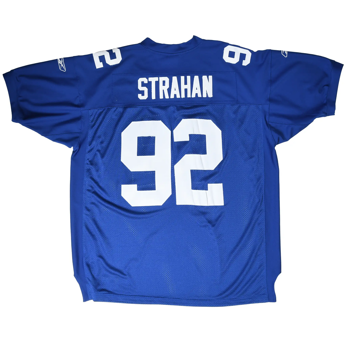 Back of blue New York Giants jersey with Strahan name and white number 92