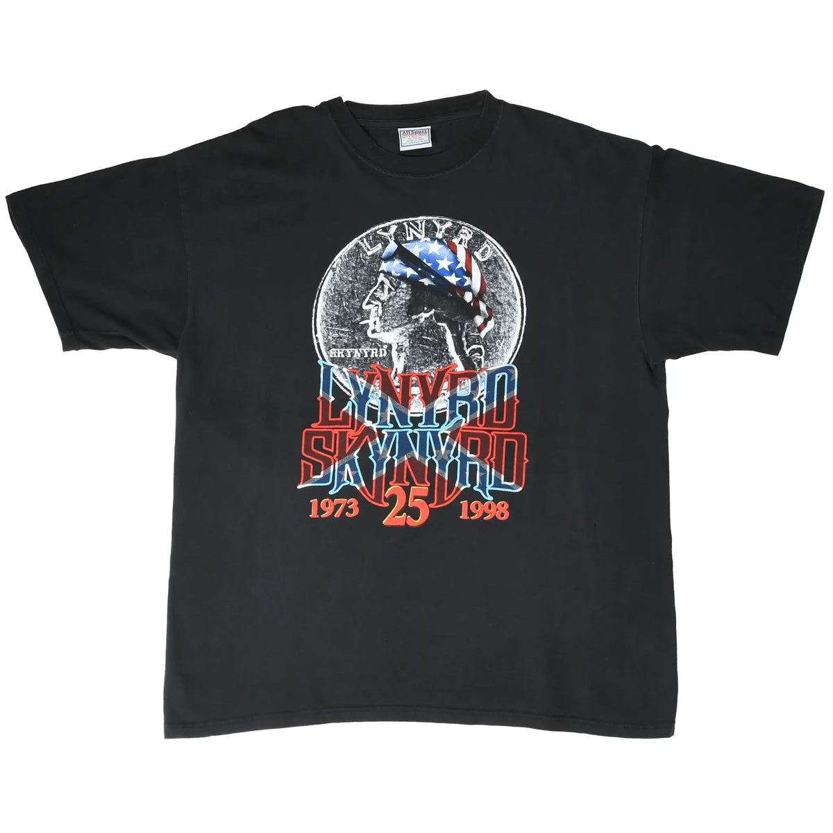 Full front view of black Lynyrd Skynyrd 25th anniversary T-shirt with 1973–1998 graphic