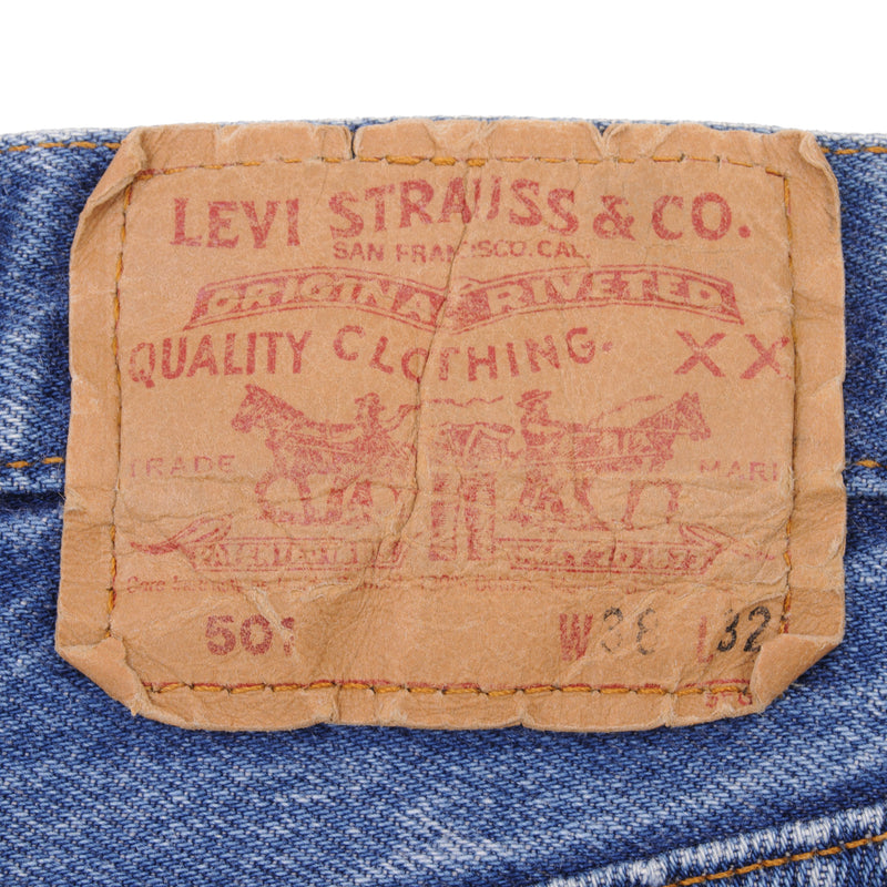 Beautiful Indigo Levis 501 Jeans 1980s Made in USA with Medium Wash   Size on tag 38X32  Back Button #553