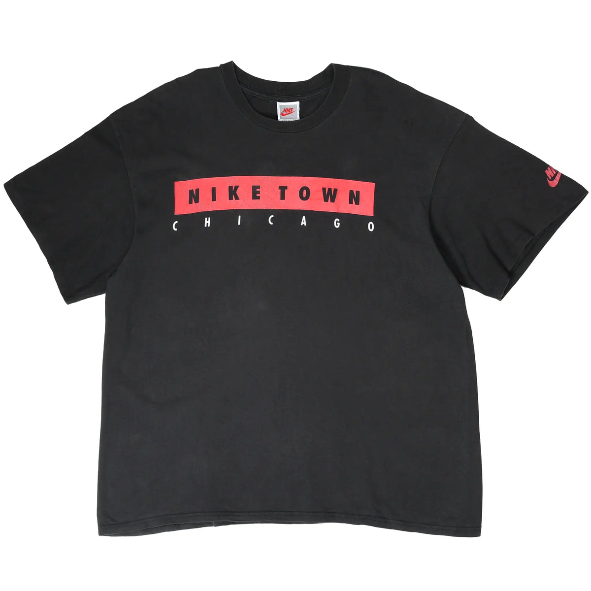 Full front of black Nike Town Chicago T-shirt with red Nike sleeve logo