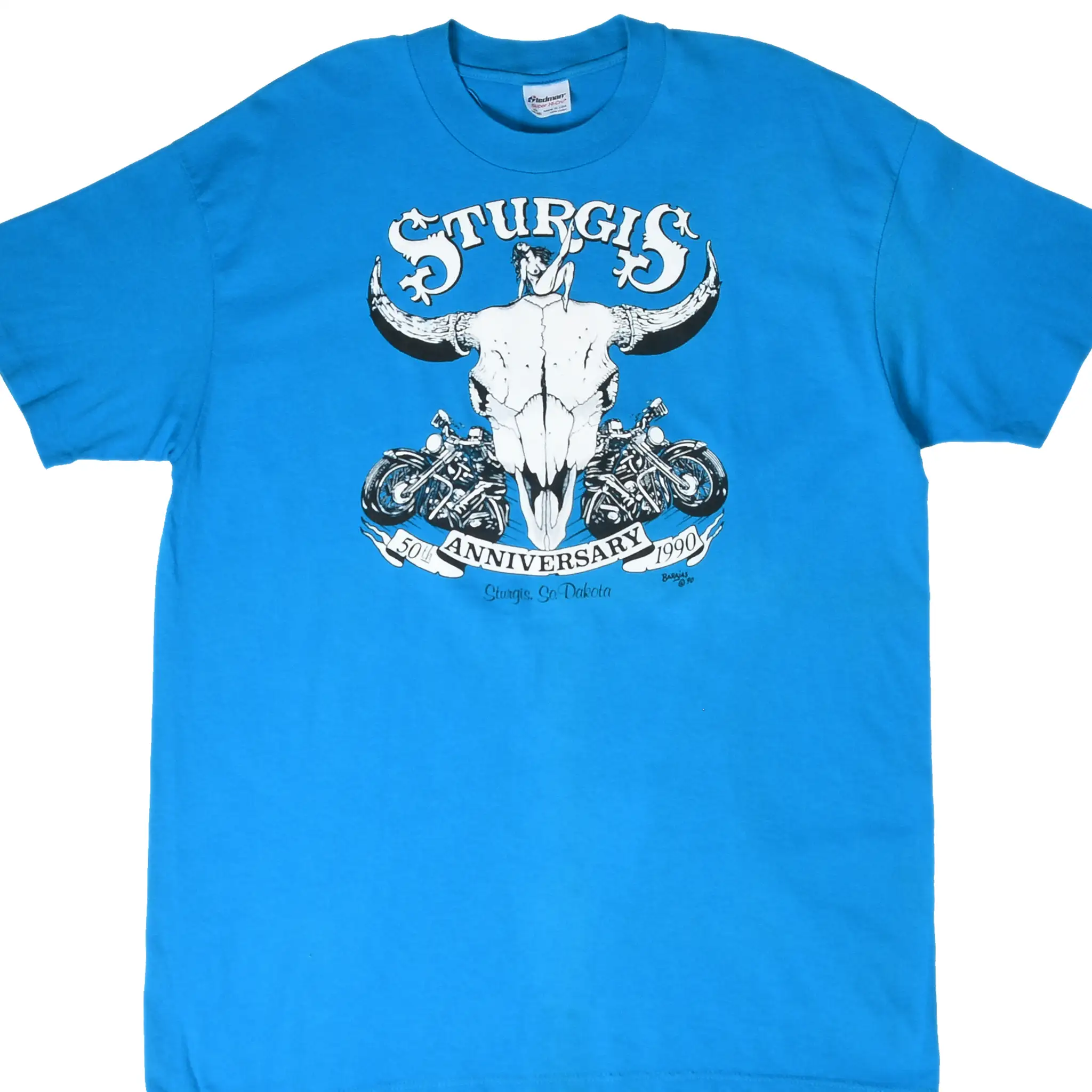 Front of blue Sturgis 50th Anniversary T-shirt with steer skull, motorcycles, and 1990 graphic