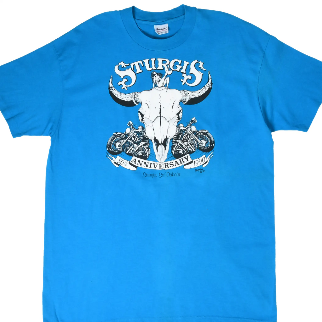 Front of blue Sturgis 50th Anniversary T-shirt with steer skull, motorcycles, and 1990 graphic