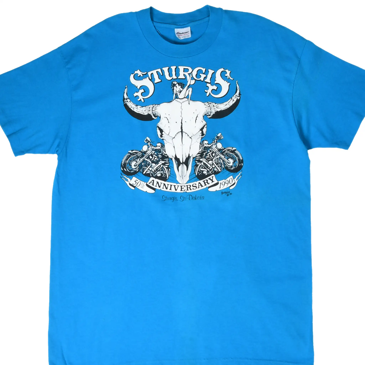 Front of blue Sturgis 50th Anniversary T-shirt with steer skull, motorcycles, and 1990 graphic