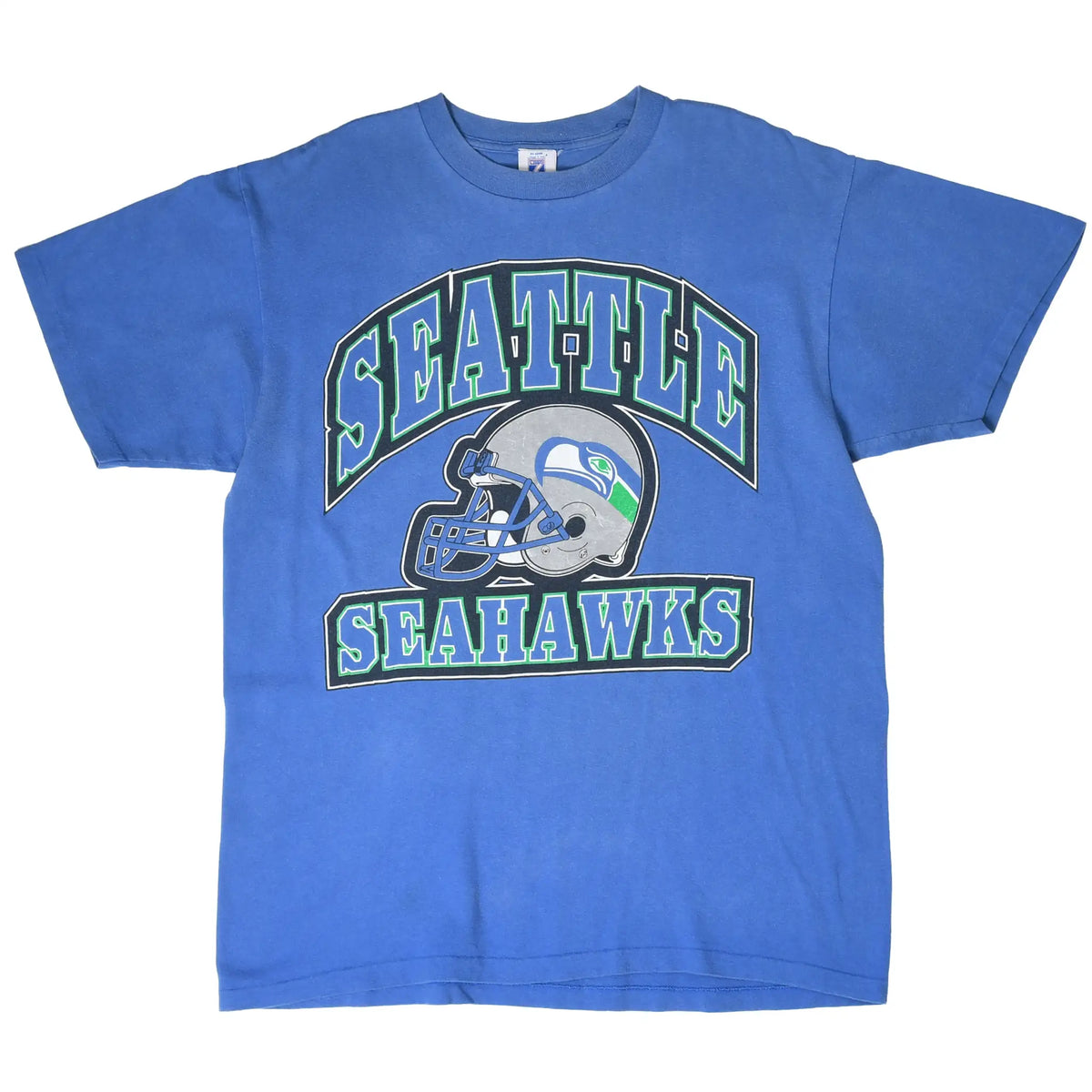 Full front of blue Seattle Seahawks T-shirt with helmet graphic