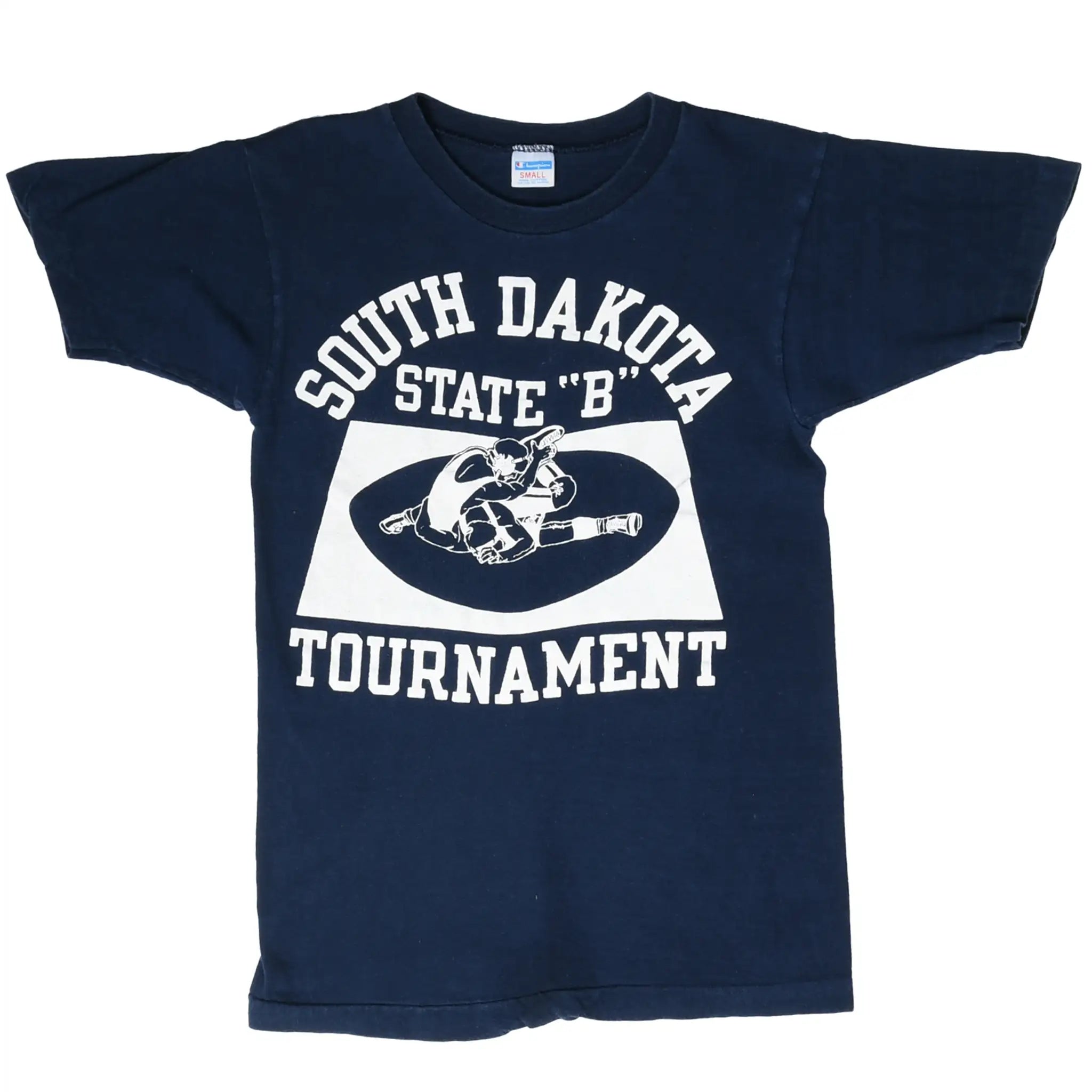Full front of navy Champion T-shirt with white South Dakota State B wrestling tournament print