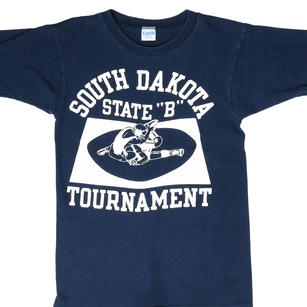 Front of navy Champion T-shirt with South Dakota State B wrestling tournament graphic