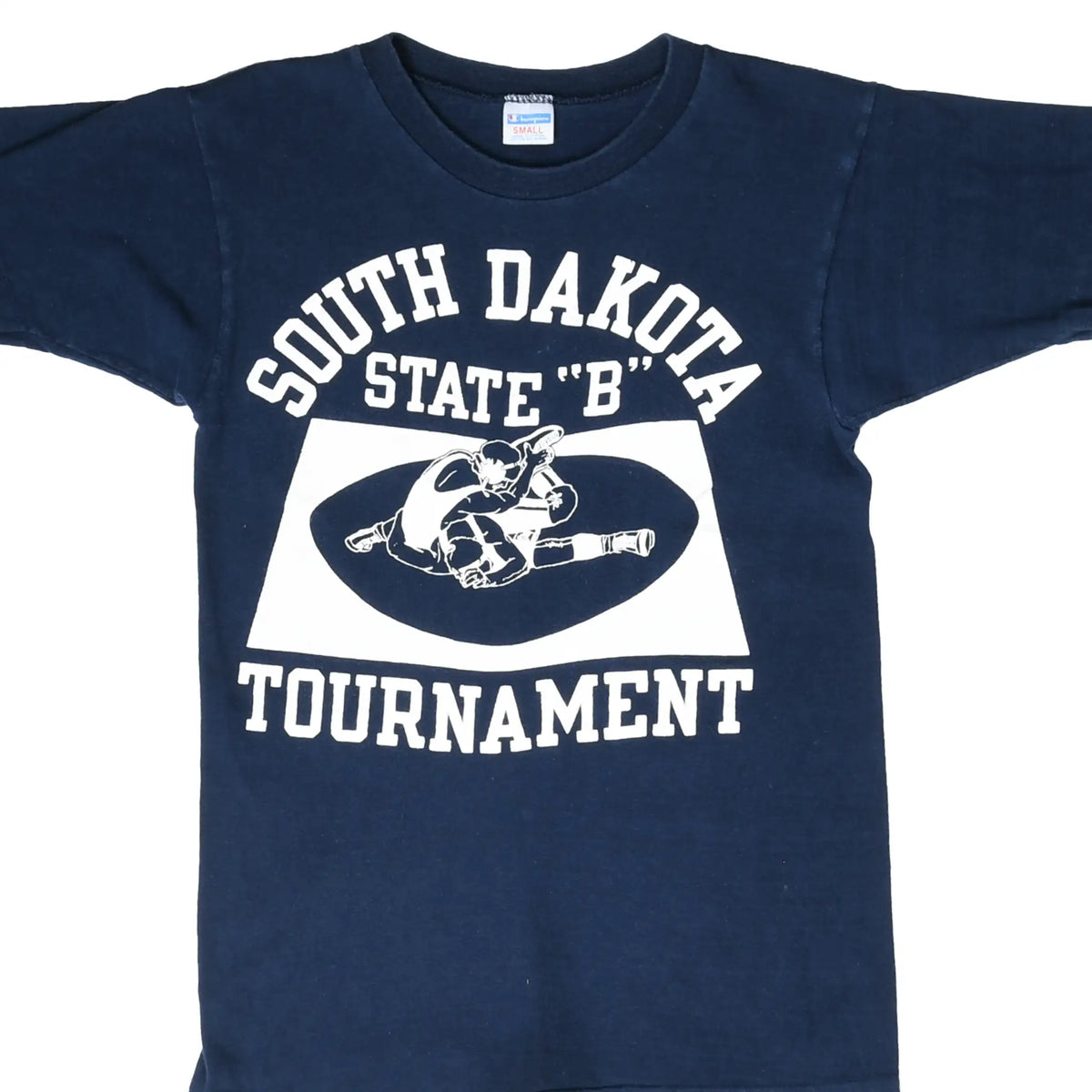 Front of navy Champion T-shirt with South Dakota State B wrestling tournament graphic