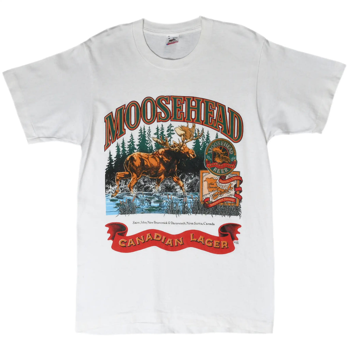 Full front of white Moosehead Canadian Lager T-shirt with colorful moose graphic