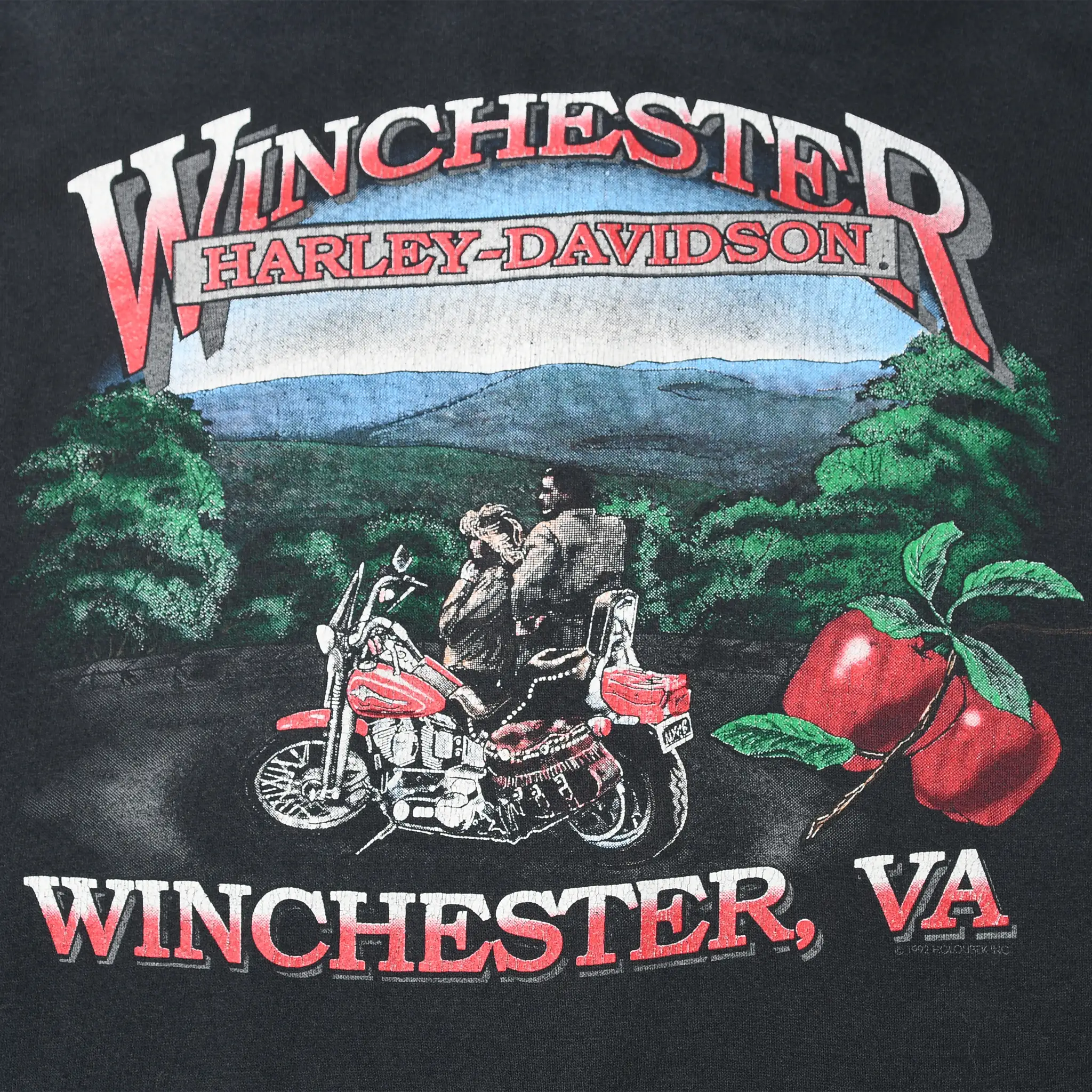 Winchester Harley-Davidson back print with motorcycle riders, mountains, trees and red apples
