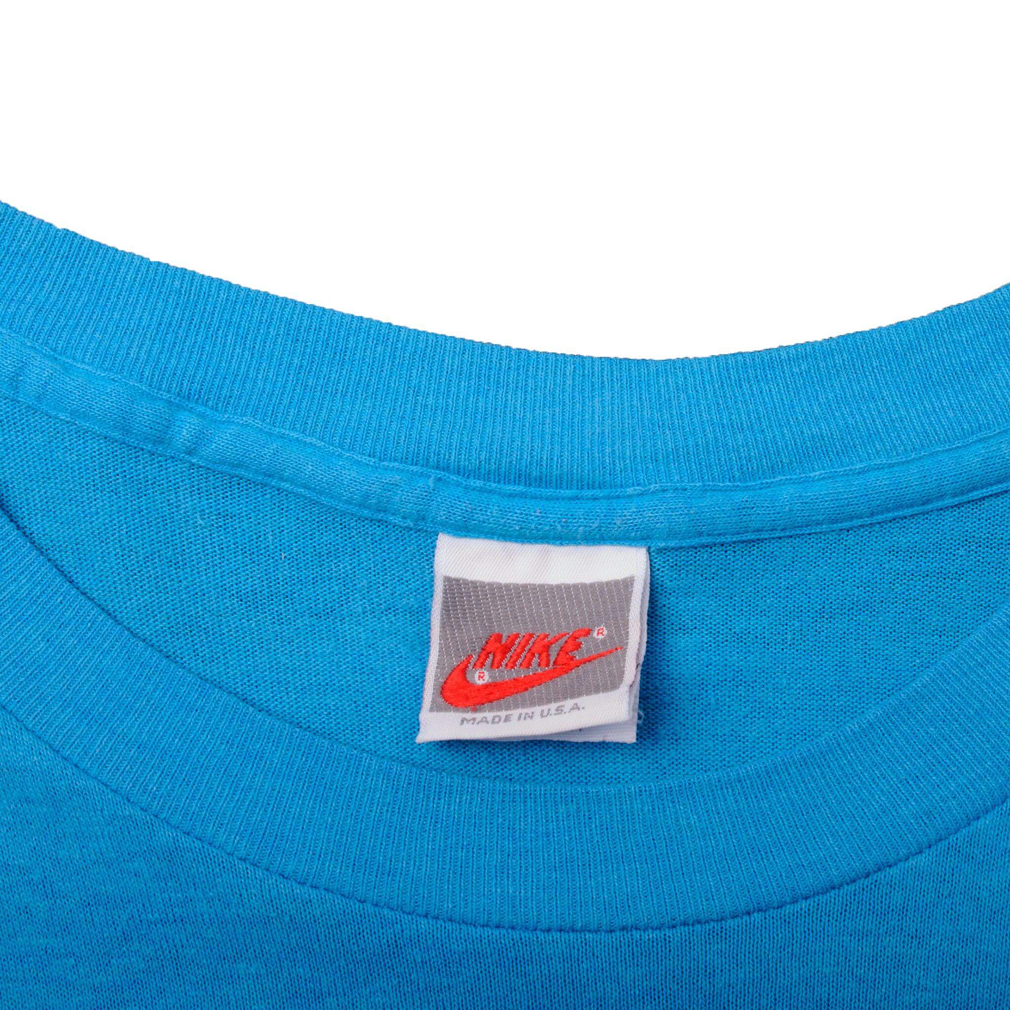 Vintage Blue Nike Big Logo Tee Shirt 1987-1994 Size L Made In USA With Single Stitch Sleeves. Nike Grey Label.