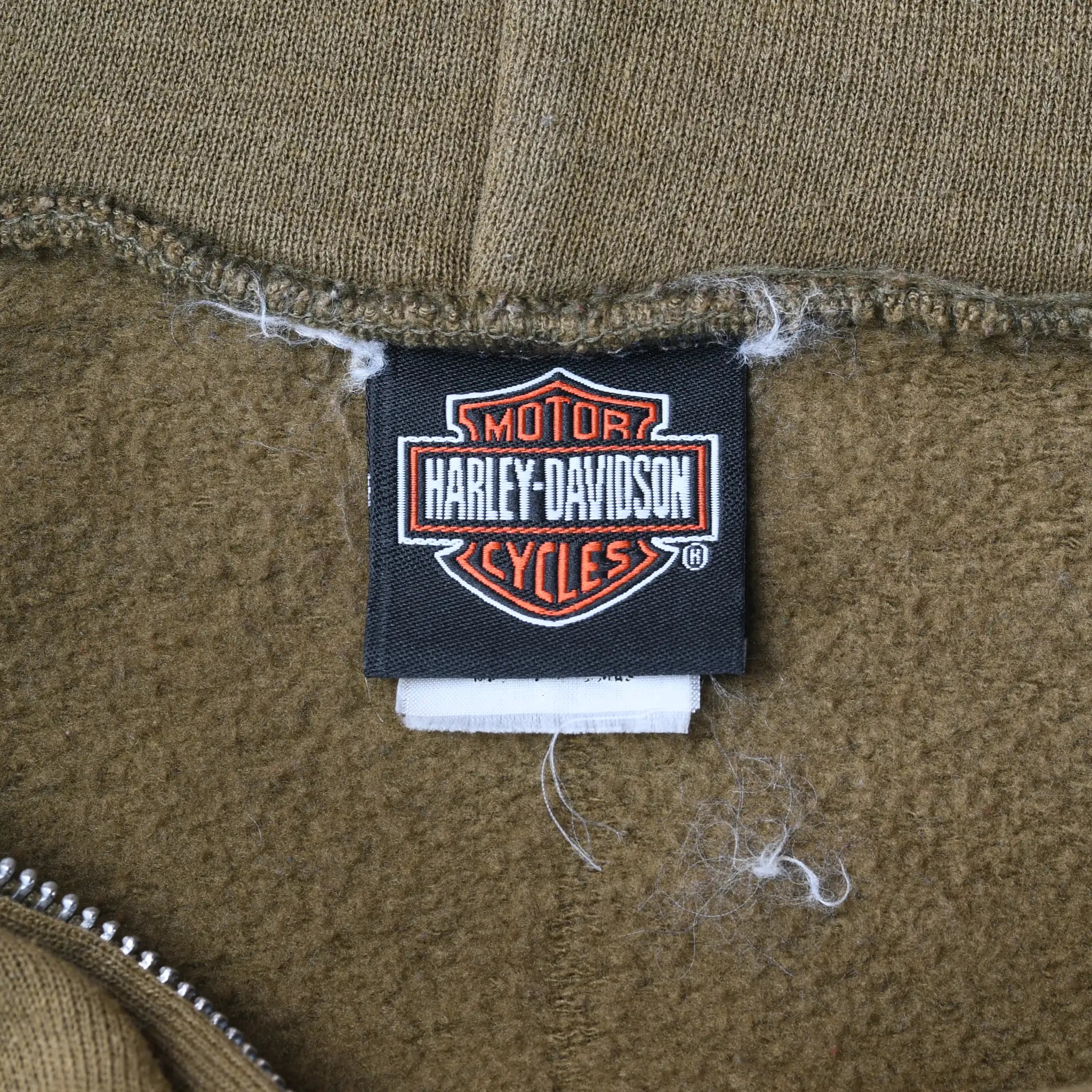 Harley-Davidson Motor Cycles neck label inside khaki green hoodie