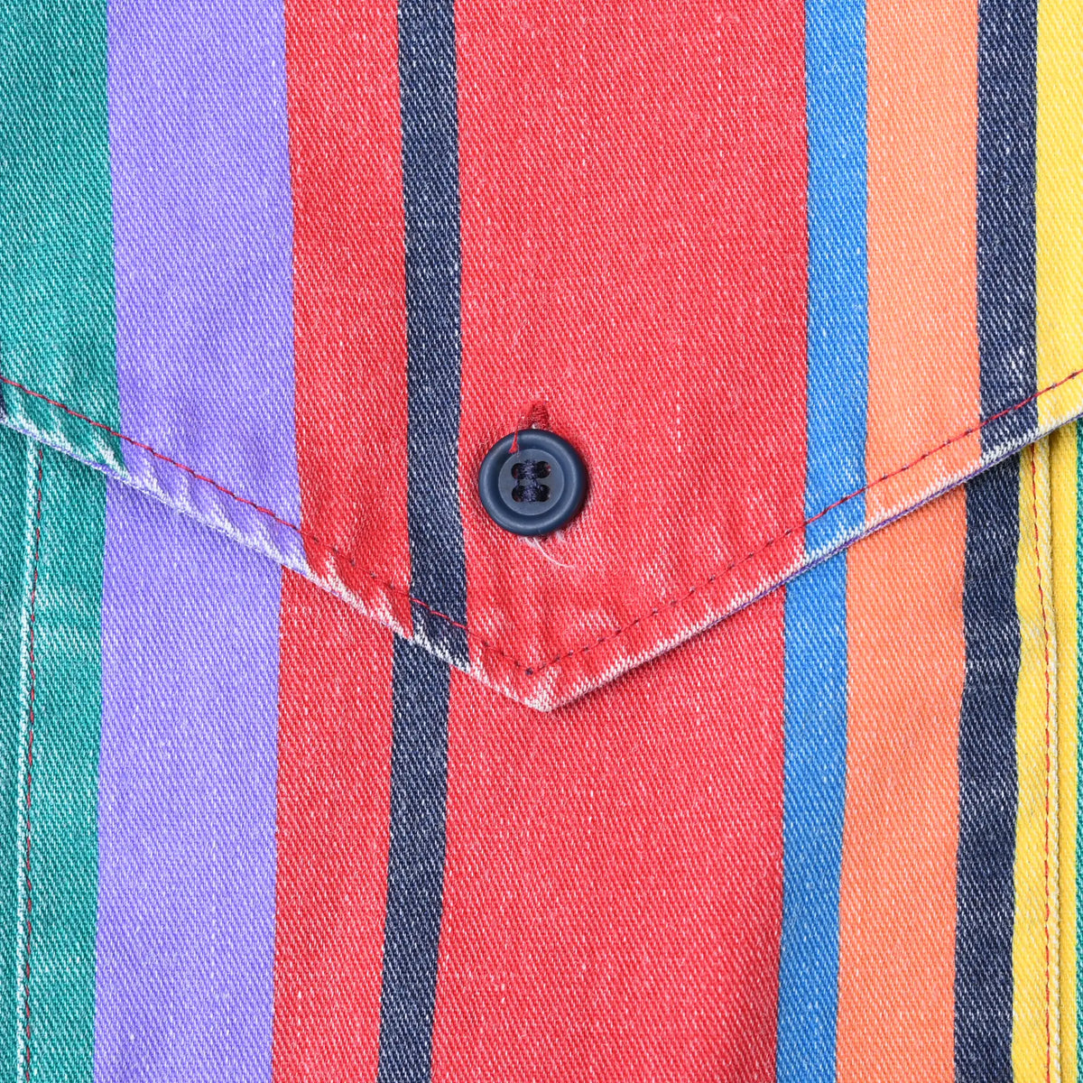 Close-up of snap-button chest pocket and multicolor striped fabric