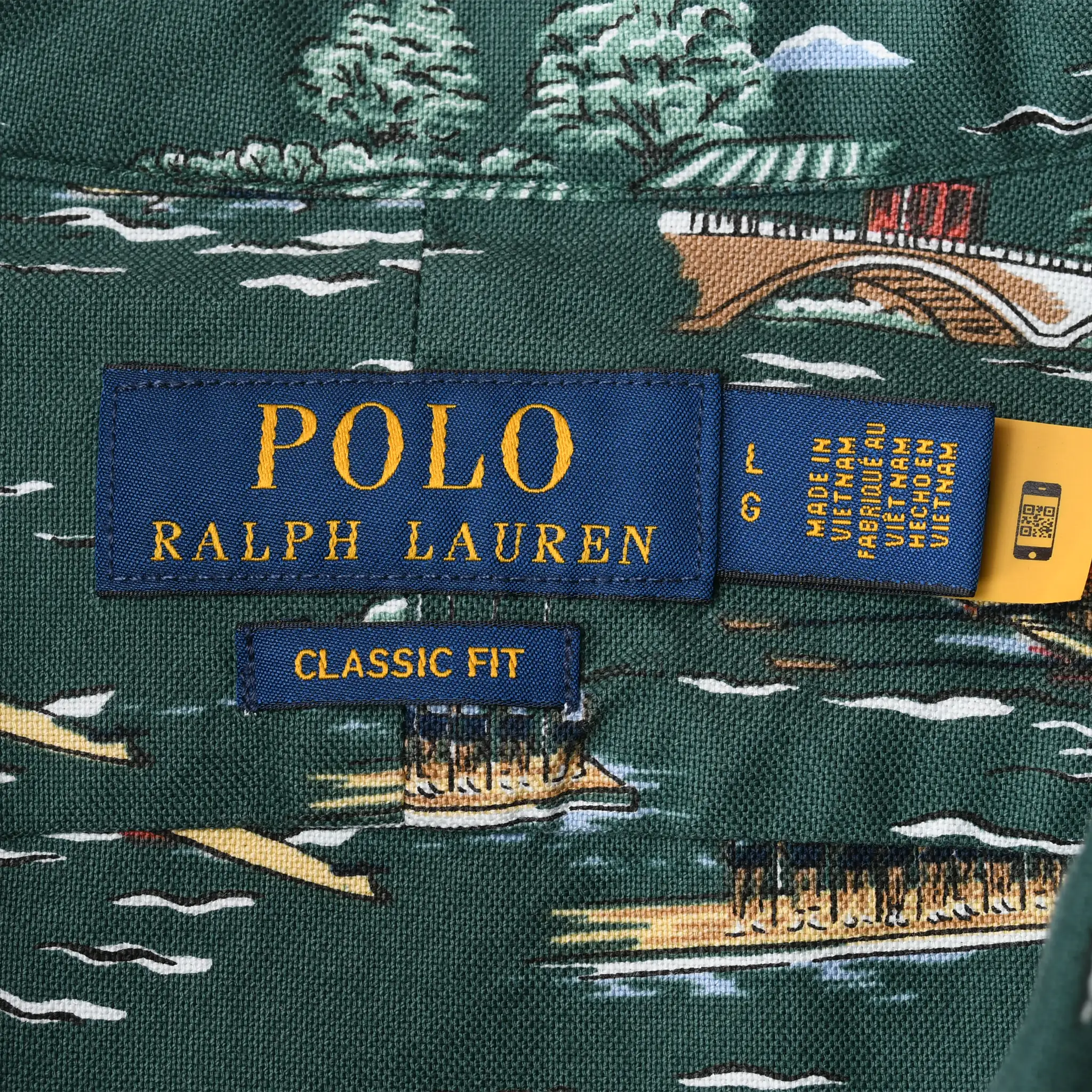 Polo Ralph Lauren Classic Fit neck labels marked L on green scenic-print fabric