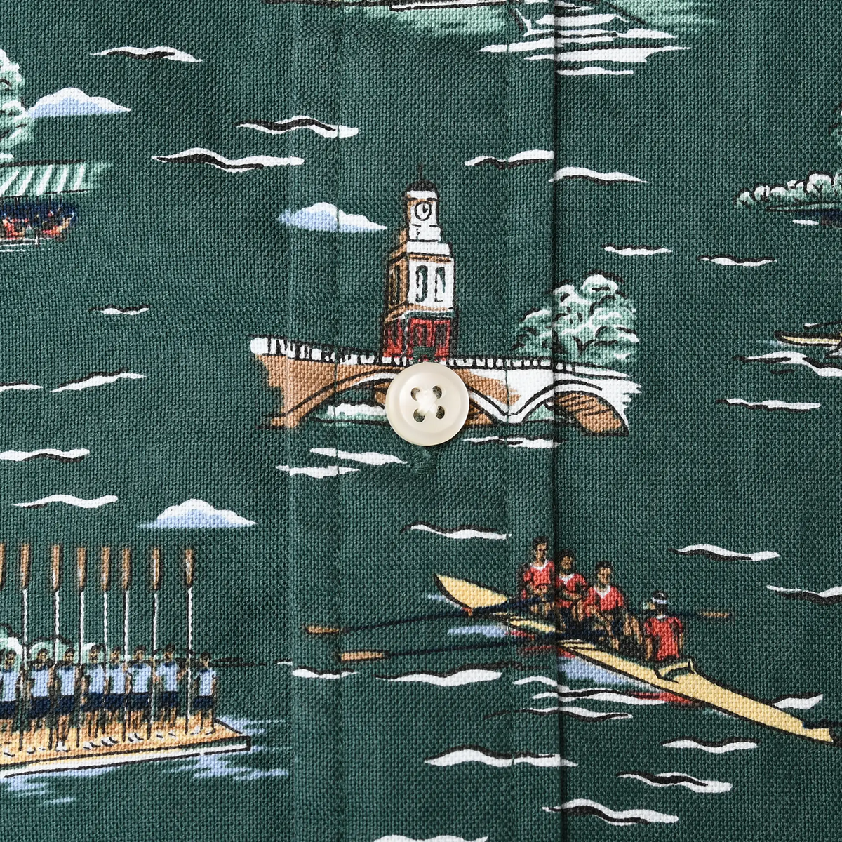 Close-up of shirt button and scenic print featuring rowers, water, trees, and a bridge