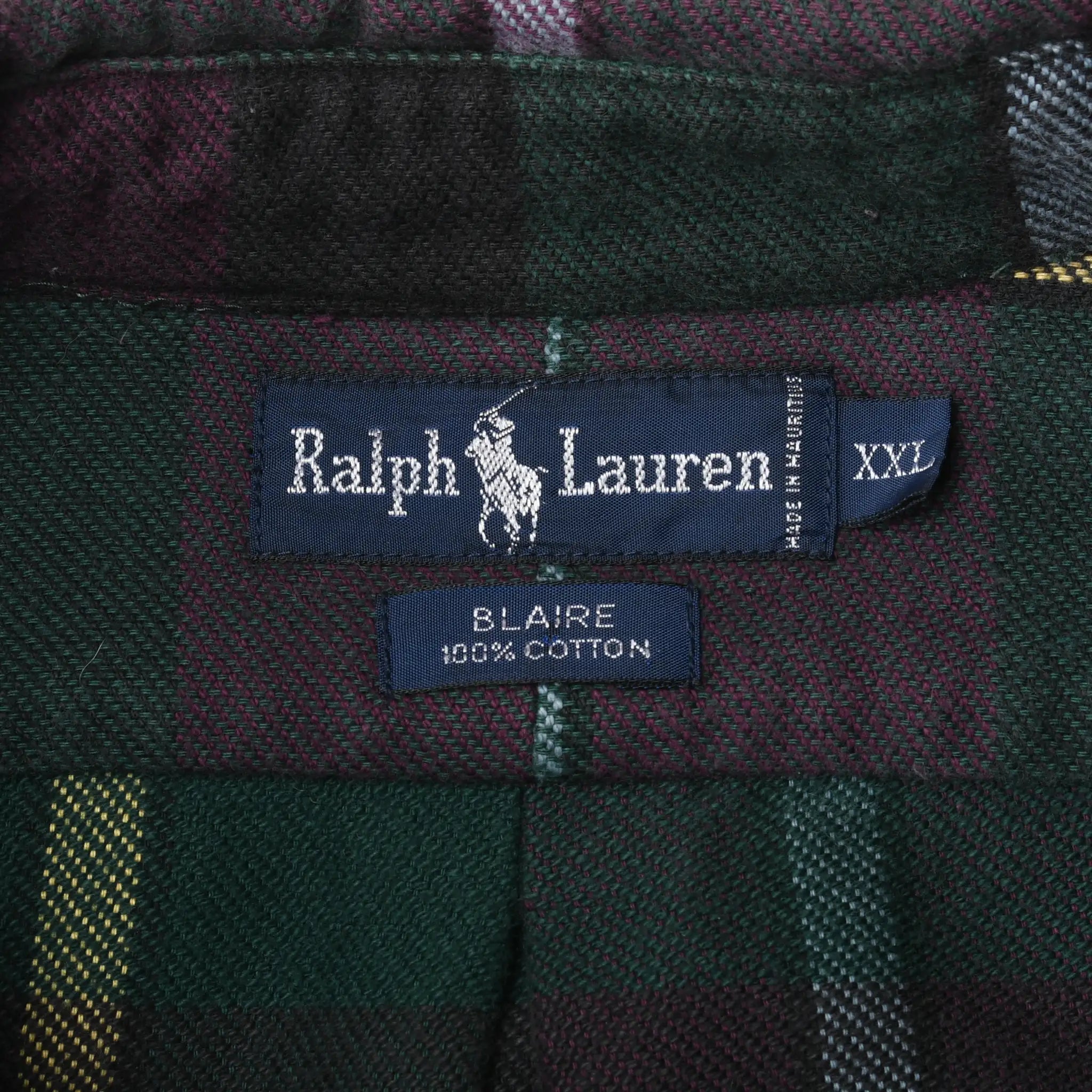 Ralph Lauren XXL neck label and Blair 100% cotton fabric label inside plaid shirt