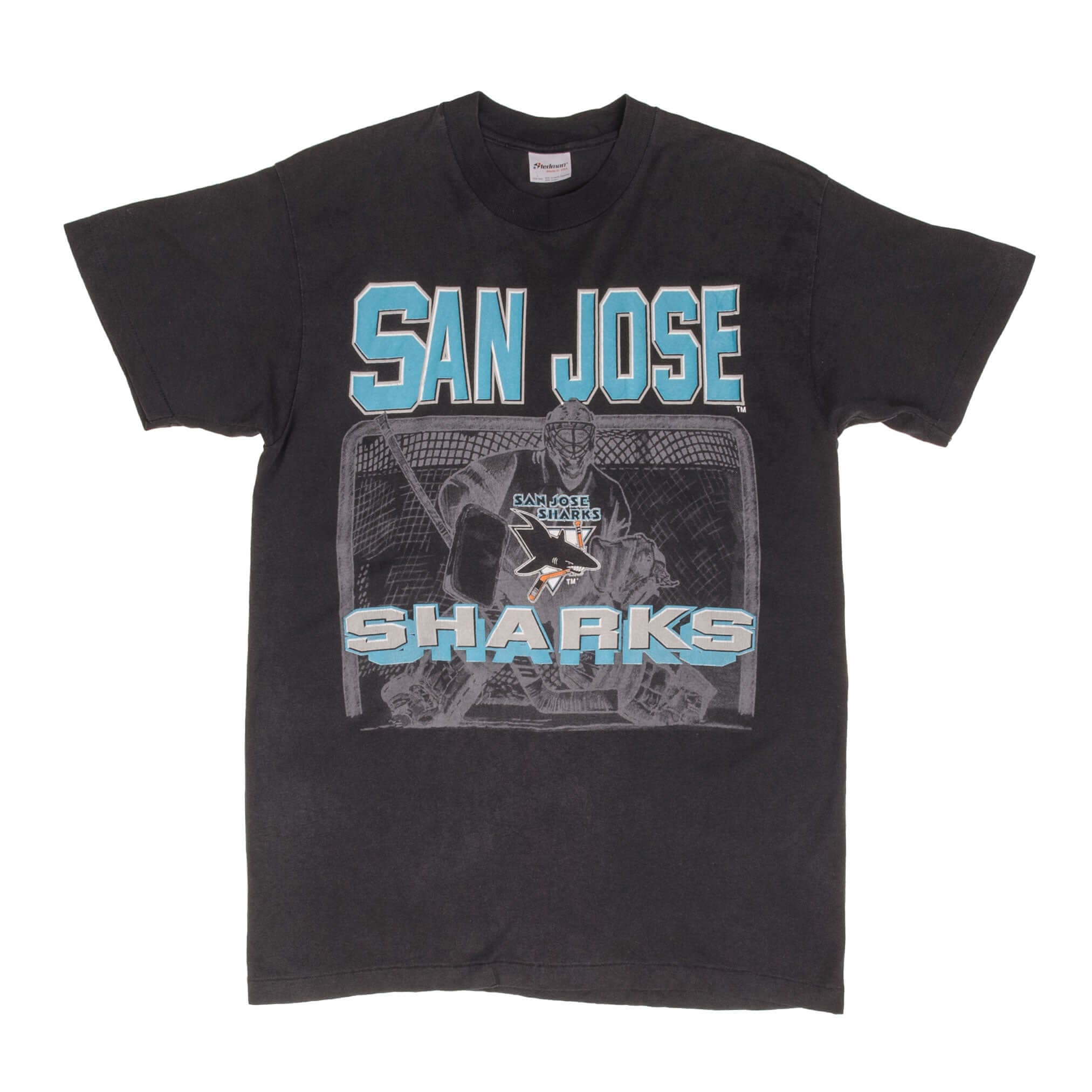 Vintage NHL San Jose Sharks Tee Shirt 1990s Size Medium With Single Stitch Sleeves. Made In USA. Stedman 