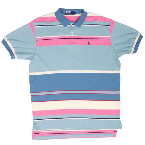 Vintage Ralph Lauren Pink & Blue Striped Polo Shirt 1990S Size Large Made In Usa