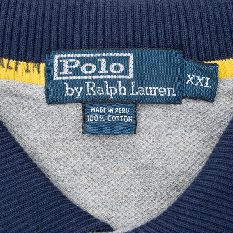 Vintage Ralph Lauren Grey & Blue Striped Polo Shirt 1990S Size 2XL