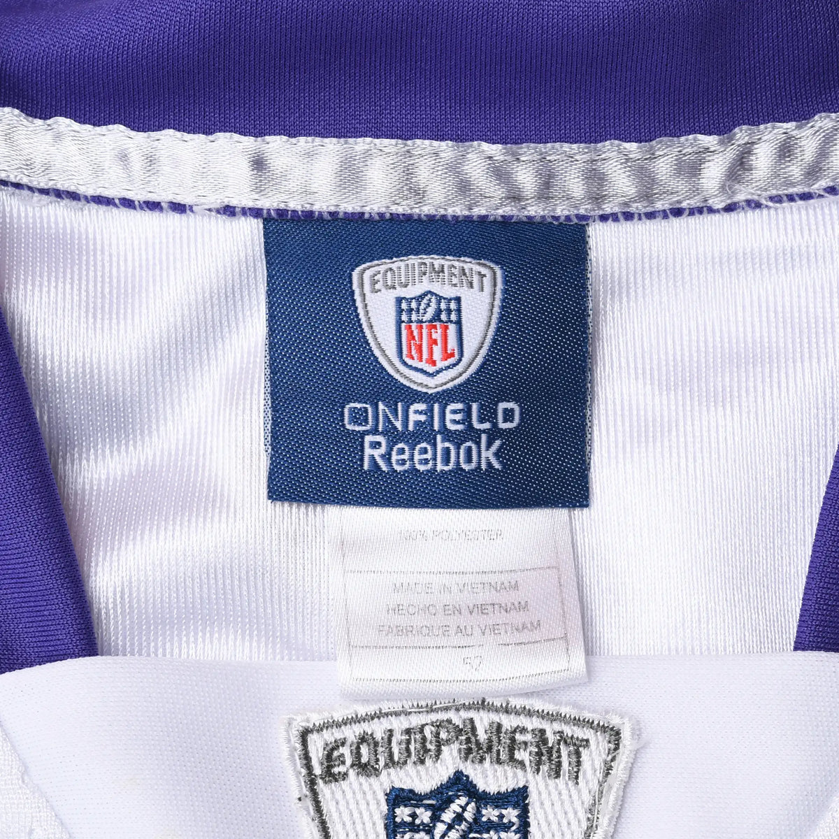 Close-up of Reebok NFL Equipment neck label inside Minnesota Vikings jersey