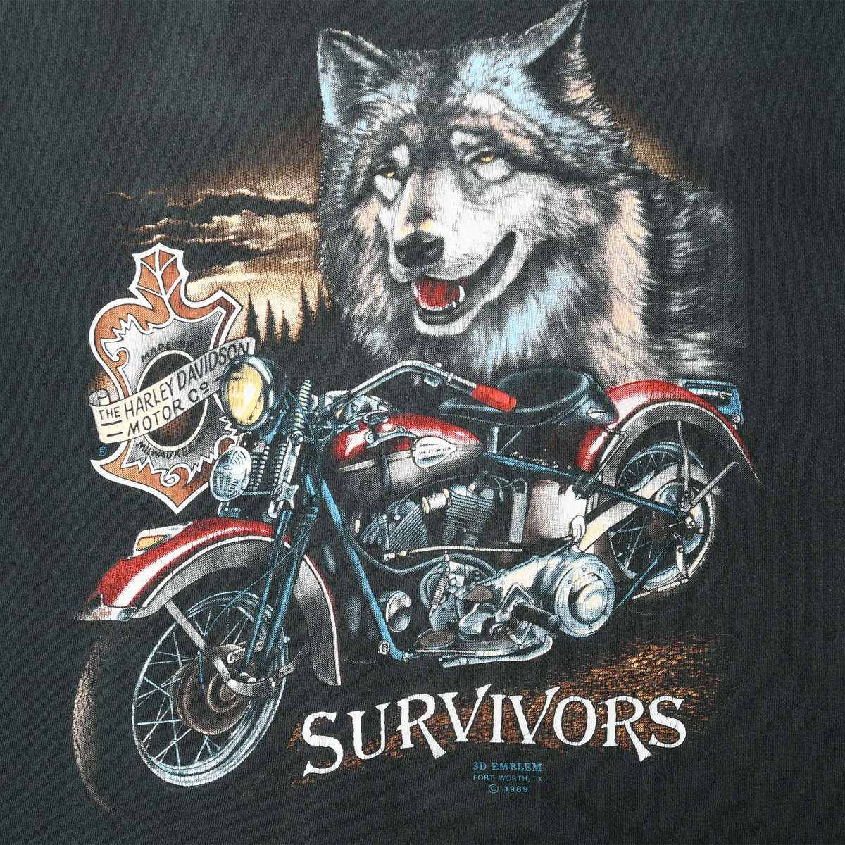 Close-up of Harley-Davidson Survivors graphic with wolf and red motorcycle