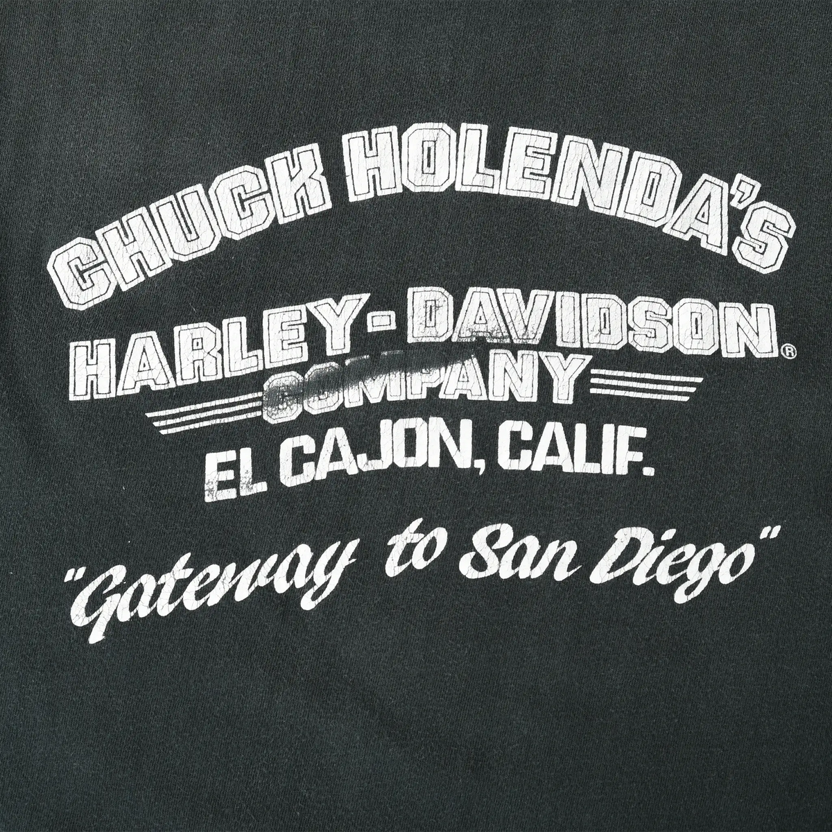 Close-up of Chuck Holenda's Harley-Davidson El Cajon back print with Gateway to San Diego text