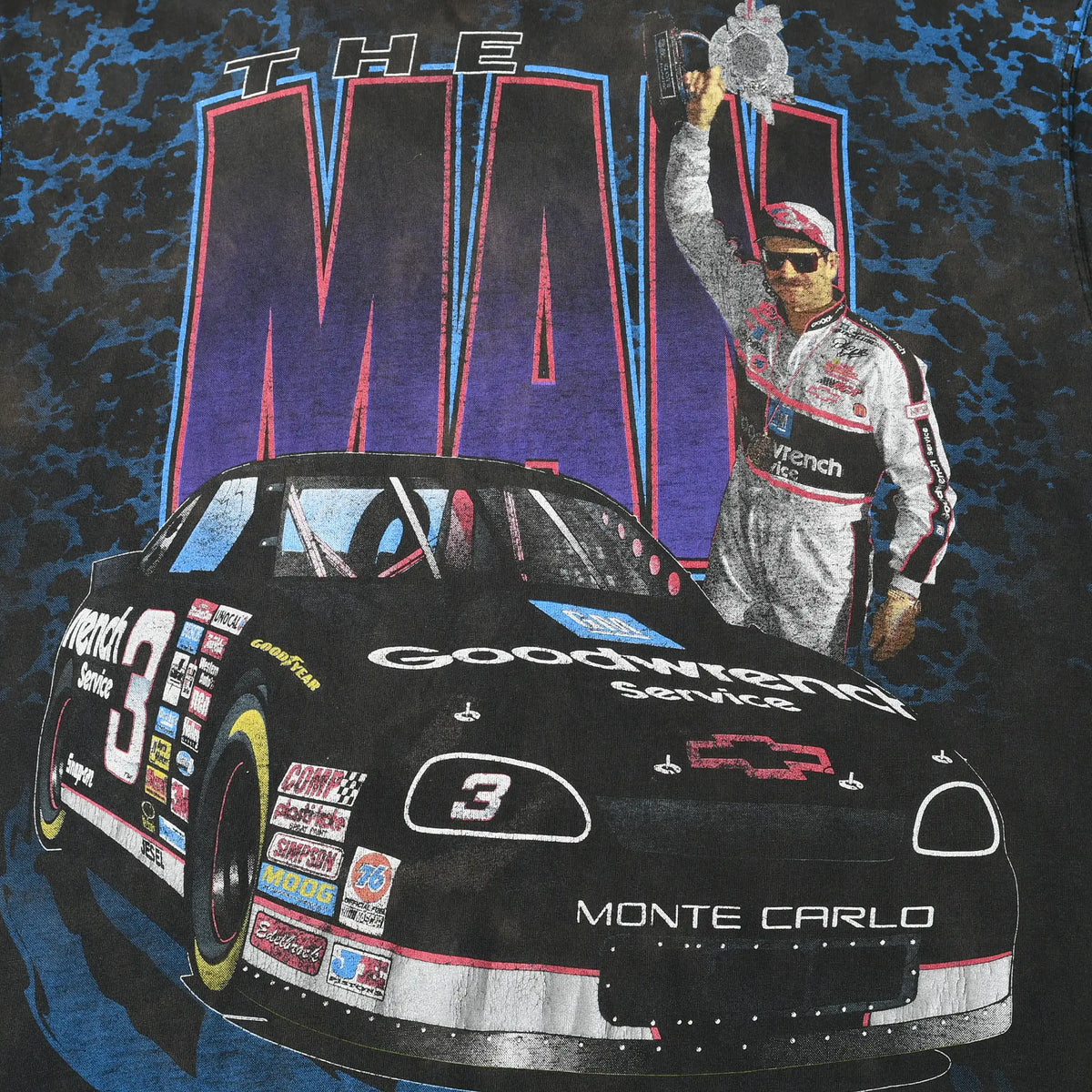 Close-up of front print showing Dale Earnhardt waving behind the black No. 3 Monte Carlo