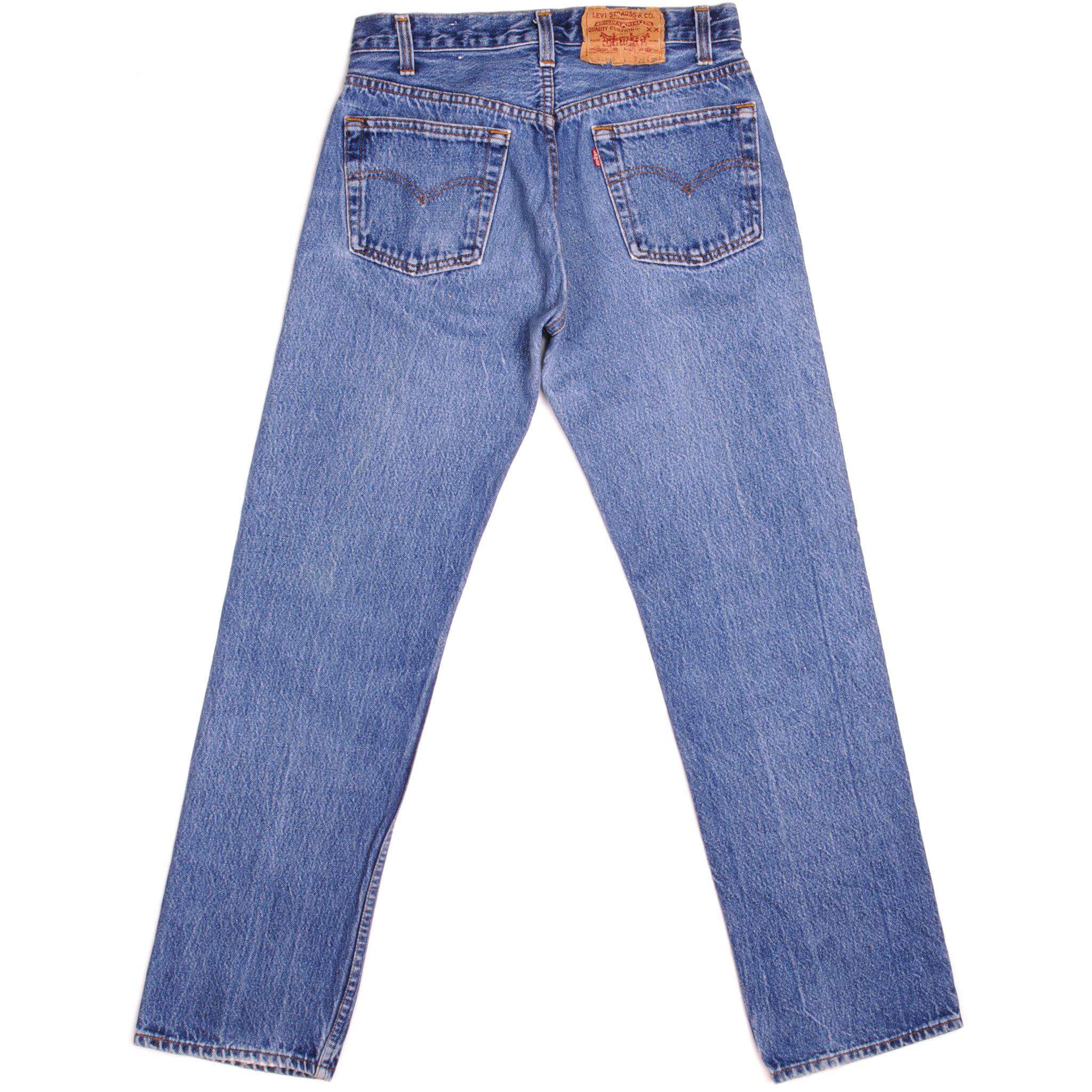 Beautiful Indigo Levis 501 Jeans 1985-1988 Made in USA with a medium blue wash and a nice contrast between light and medium blue.  Size on Tag 29X30  ACTUAL SIZE 29X29  Back Button #653