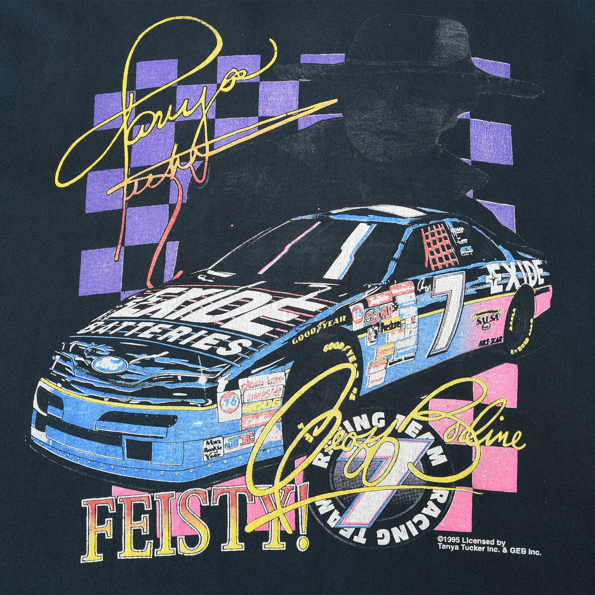 Front print close-up with NASCAR race car, Tanya Tucker signature, and Feist branding