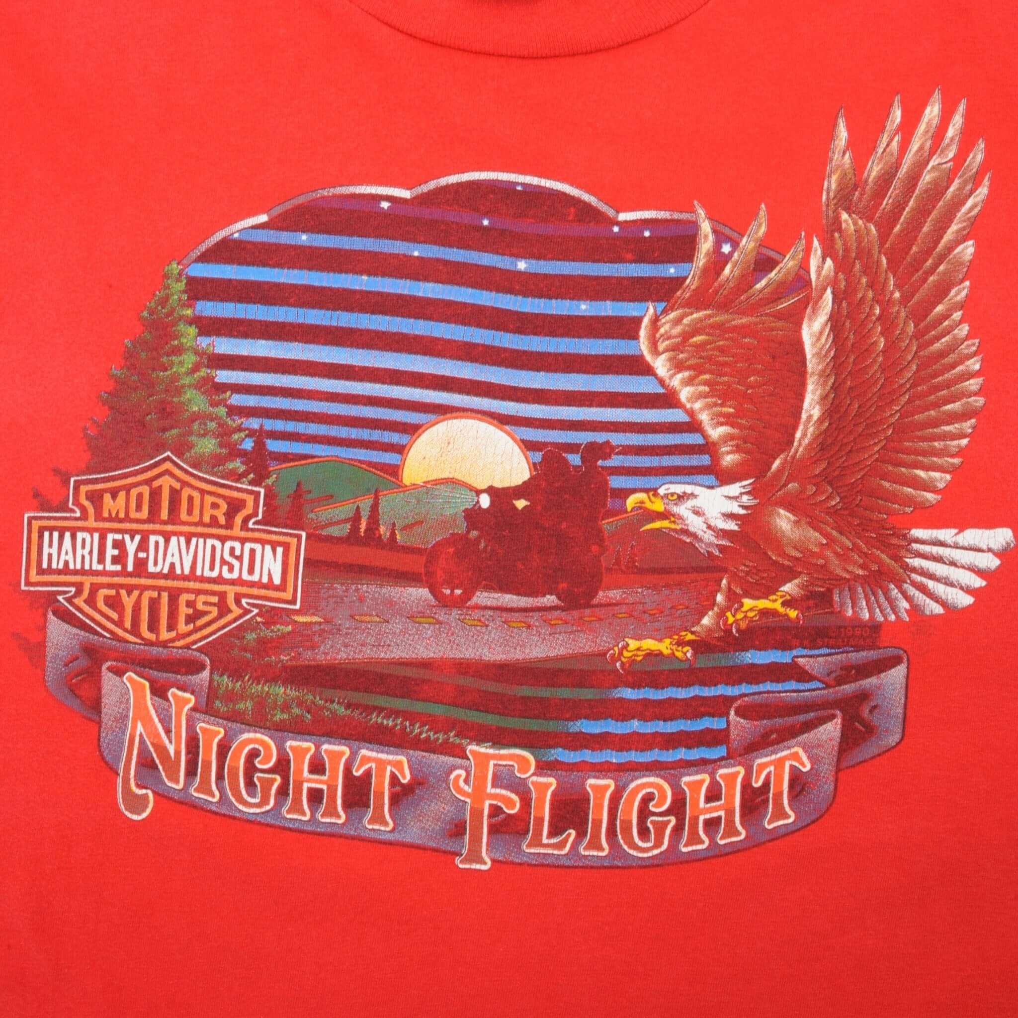 Vintage Harley Davidson Night Flight Eagle Fresno California Hanes Tee Shirt 1990 Size Large Made In USA With Single Stitch Sleeves