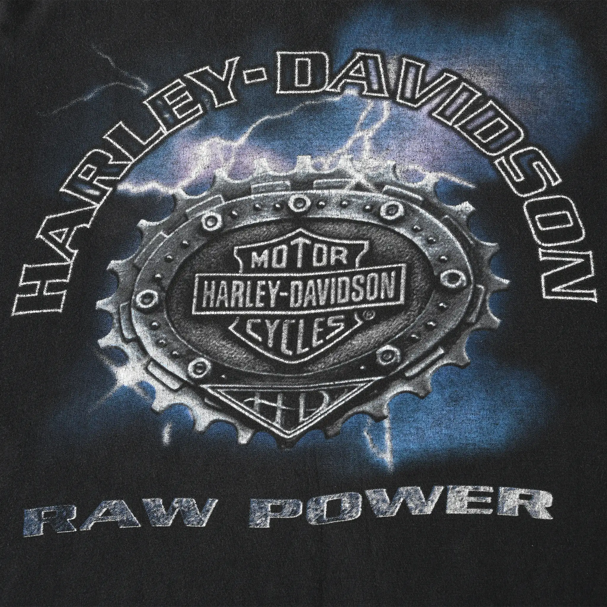 Close-up of Harley-Davidson Raw Power front graphic with metal emblem and blue lightning