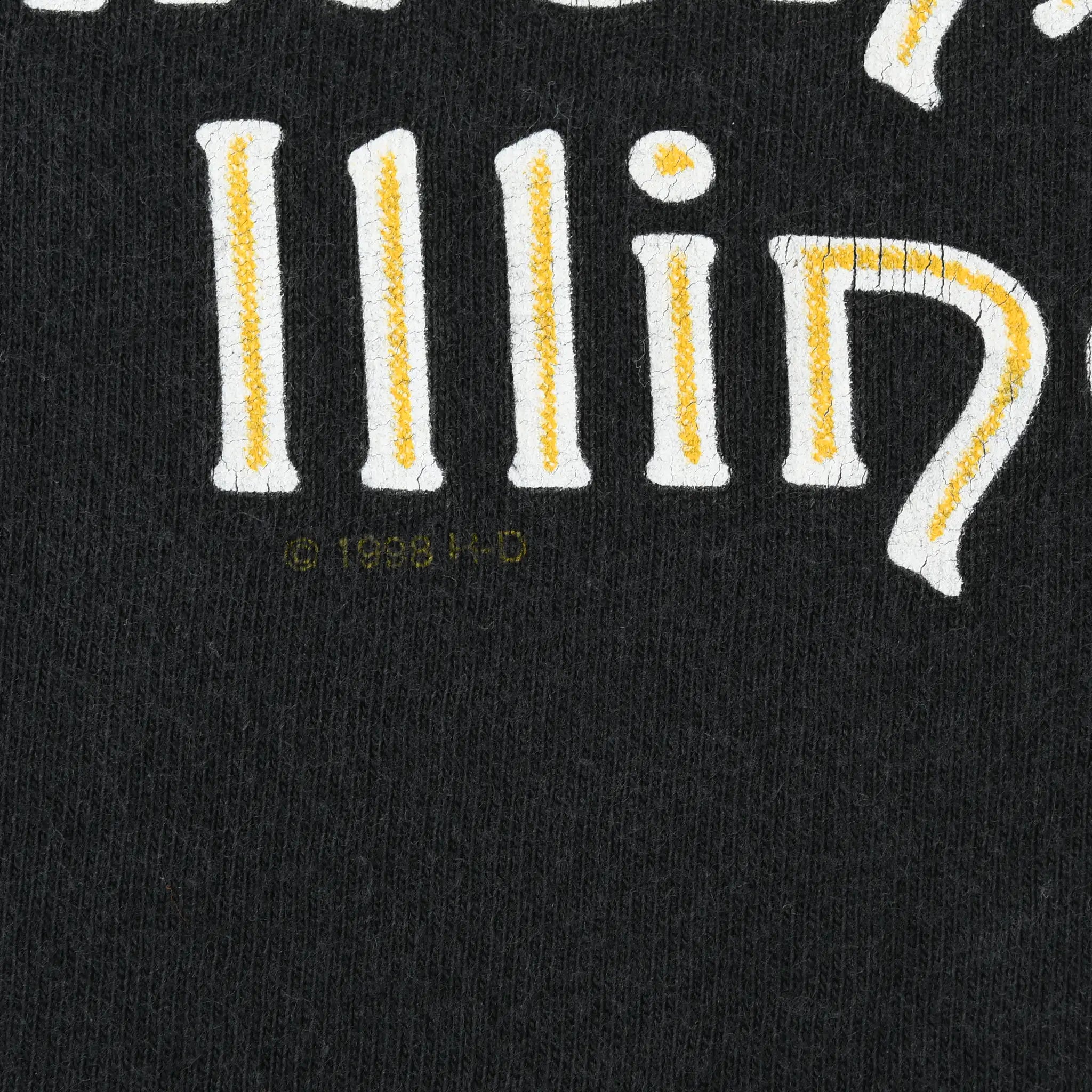 Close-up of Alton, Illinois back print showing the small 1998 Harley-Davidson copyright mark