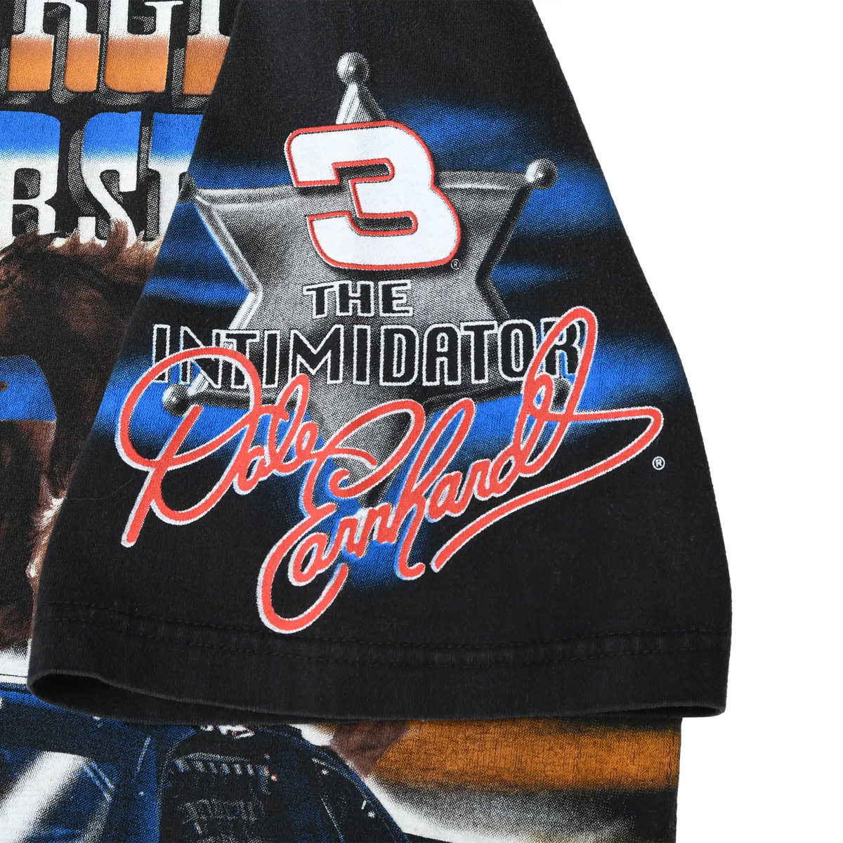Close-up of sleeve print with No. 3, The Intimidator text, and Dale Earnhardt signature