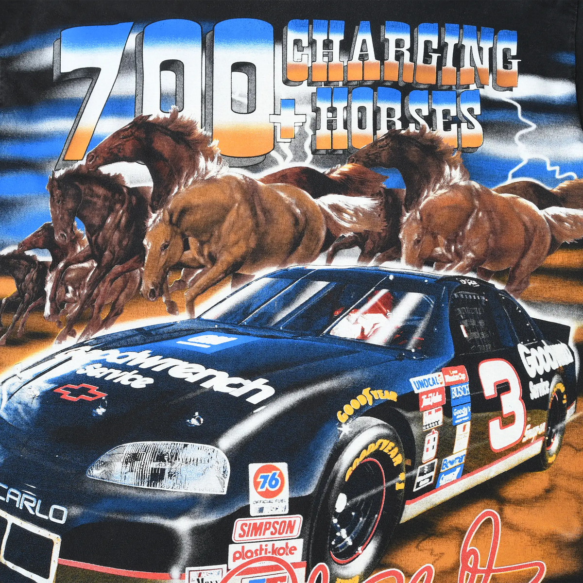 Close-up of front print showing Dale Earnhardt's No. 3 car, charging horses, and lightning
