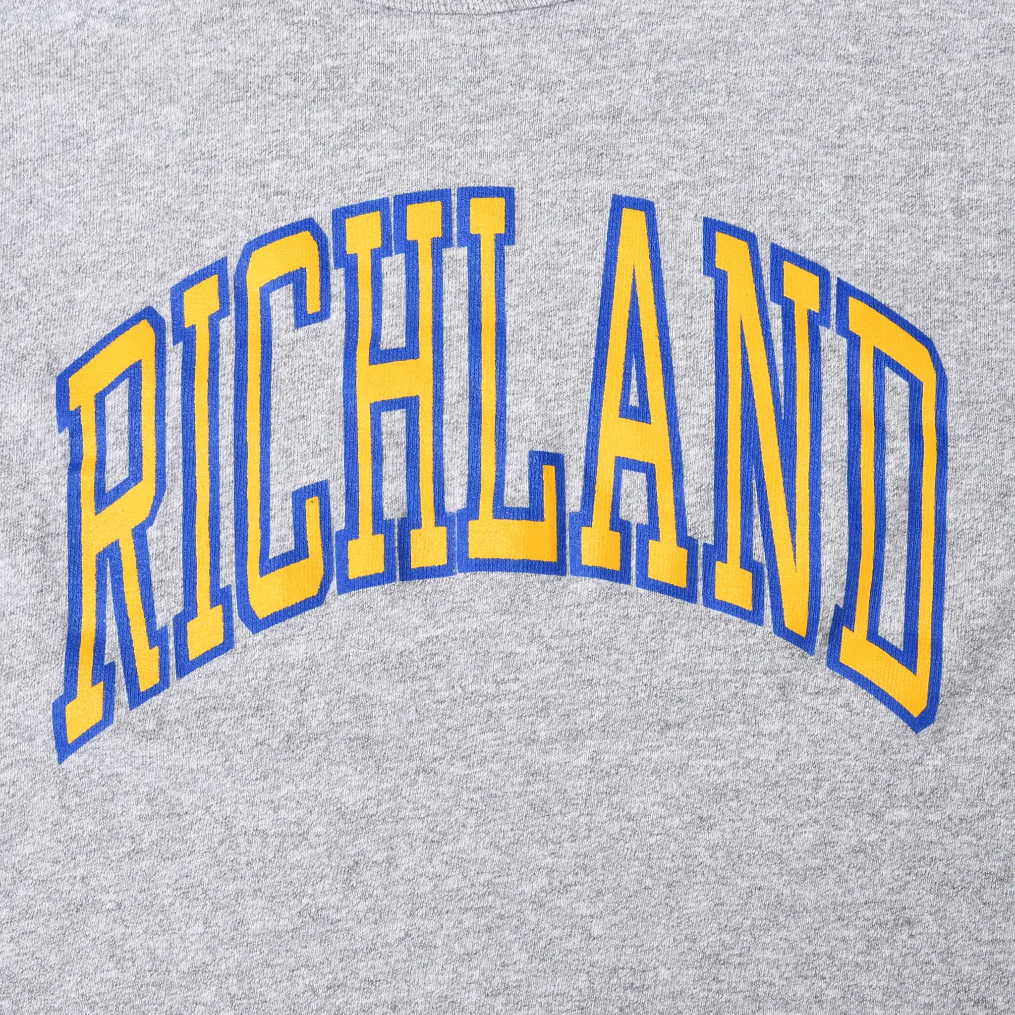 Close-up of arched Richland chest print in gold with blue outlines