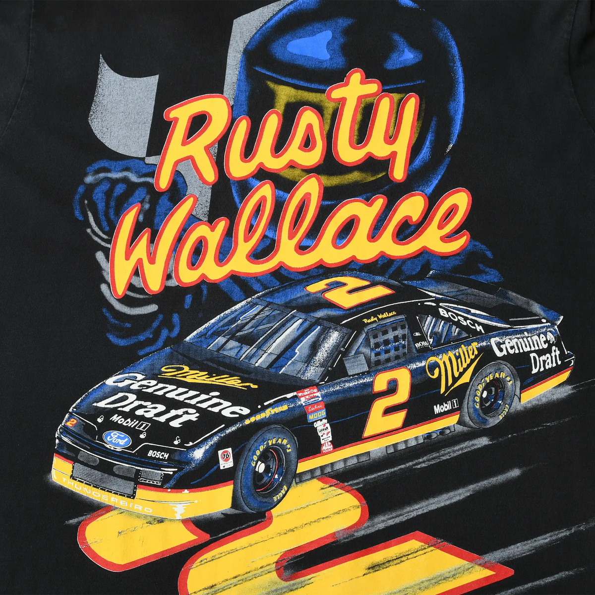 Close-up of Rusty Wallace front graphic with Miller Genuine Draft No. 2 NASCAR race car