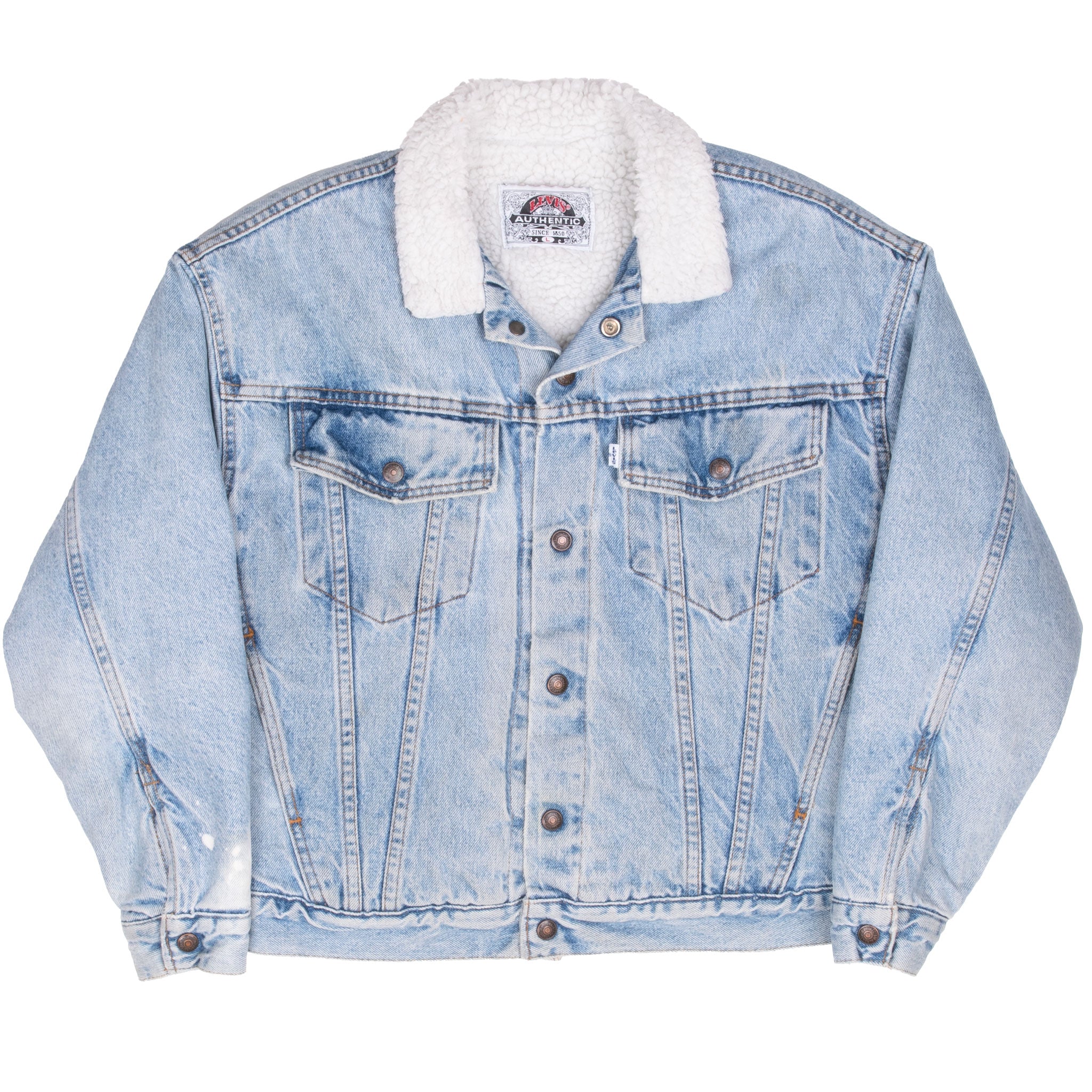Vintage Levis Sherpa White Tab Trucker Blue Denim Jacket 1990S Size Large Made In Usa